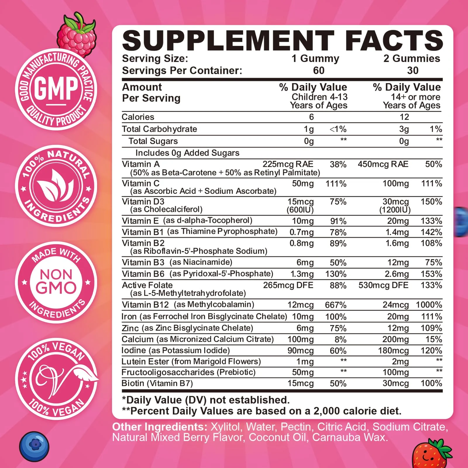 Iron Gummies for Kids & Teens, Kids Multivitamin with Iron Supplement, Calcium, Folate, Zinc, Prebiotic - for Blood Builder & Energy Support, Iron Deficiency - Vegan & Non-GMO - 60 Count Mixberry - Image 7