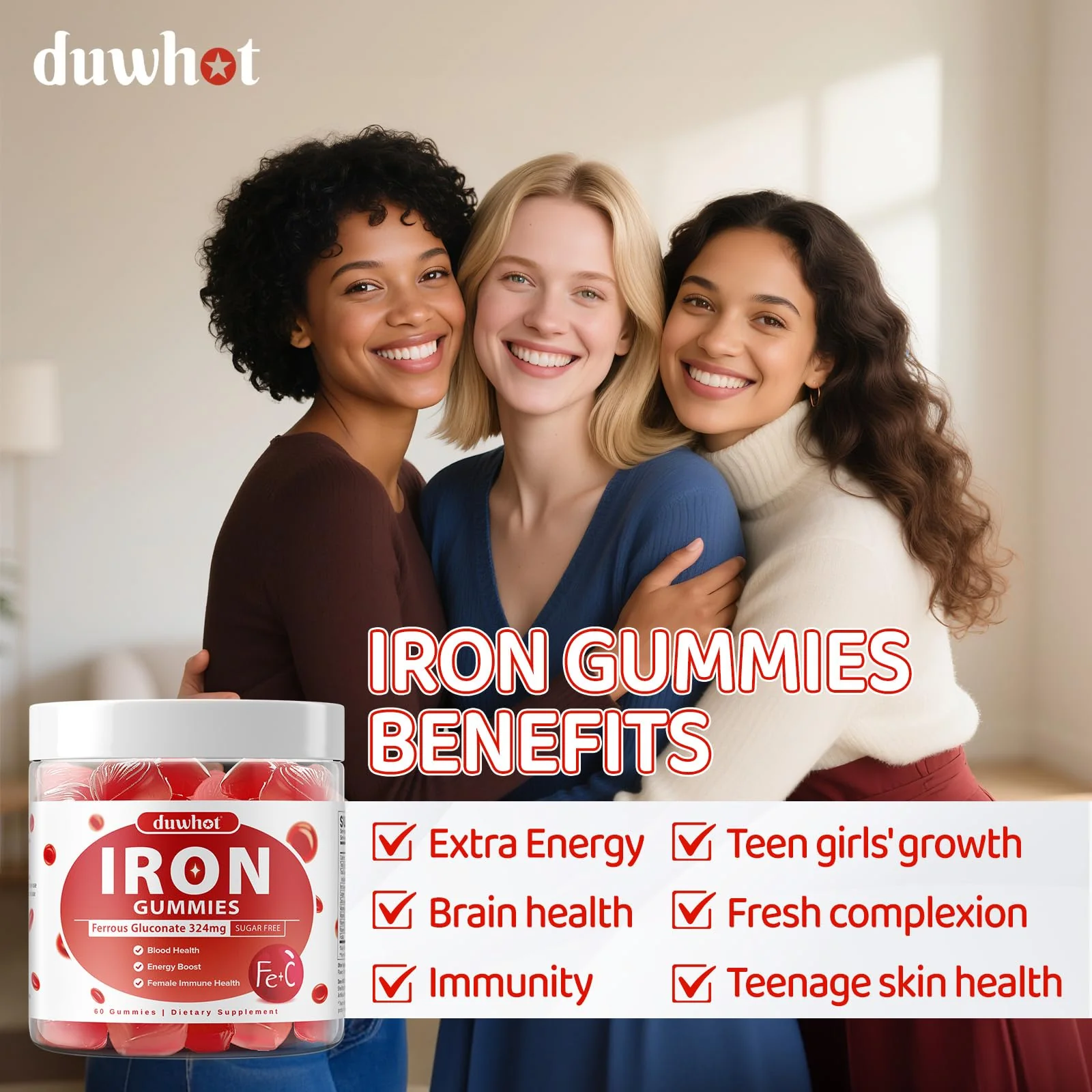 Iron Gummies for Women Teen Girls, Ferrous Gluconate 324 mg with Vitamin C, Iron Supplement Plus Vitamin A, B, Folate, Copper, Zinc, Energy & Blood Support, Immune Health, Sugar Free 60 Gummies - Image 4