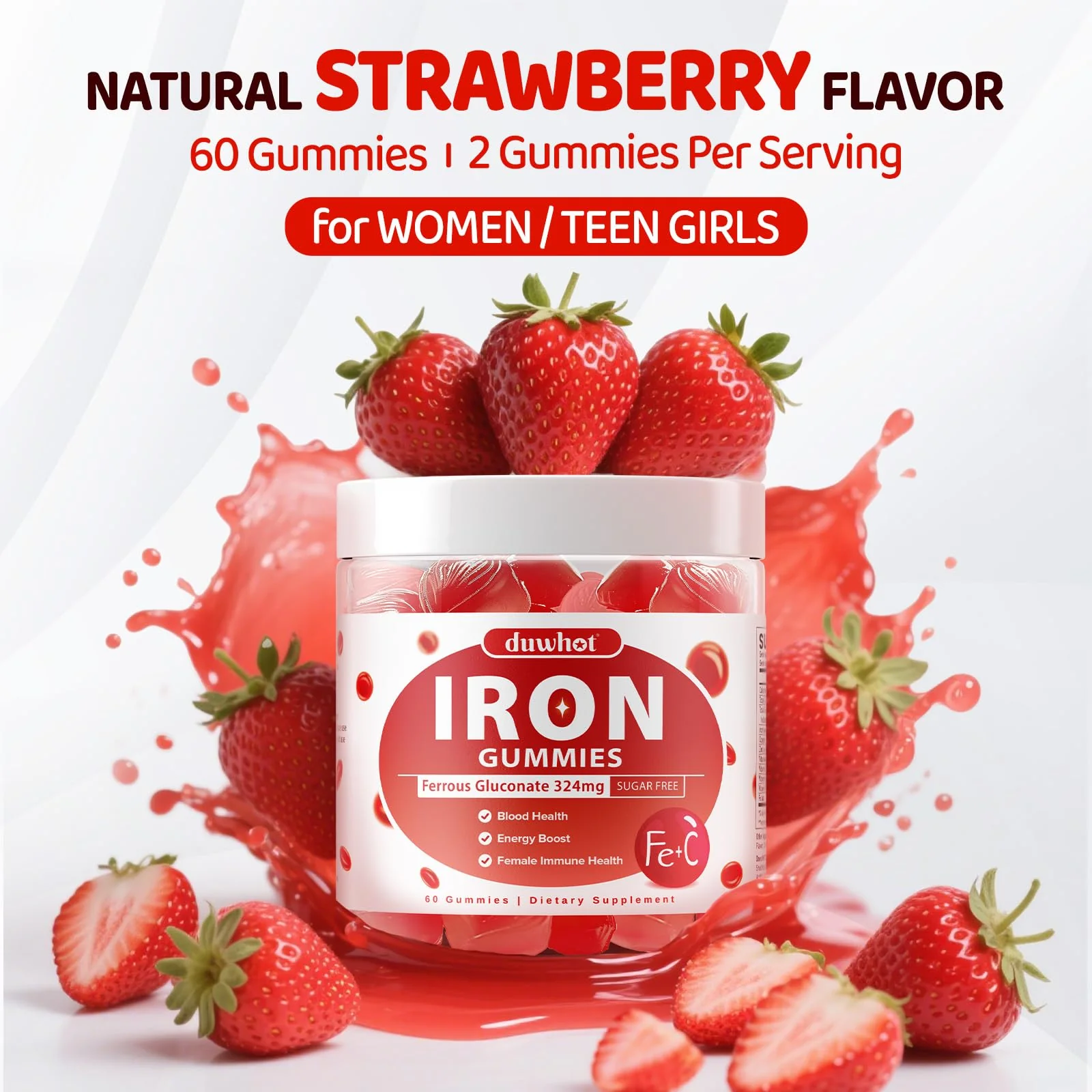 Iron Gummies for Women Teen Girls, Ferrous Gluconate 324 mg with Vitamin C, Iron Supplement Plus Vitamin A, B, Folate, Copper, Zinc, Energy & Blood Support, Immune Health, Sugar Free 60 Gummies - Image 5