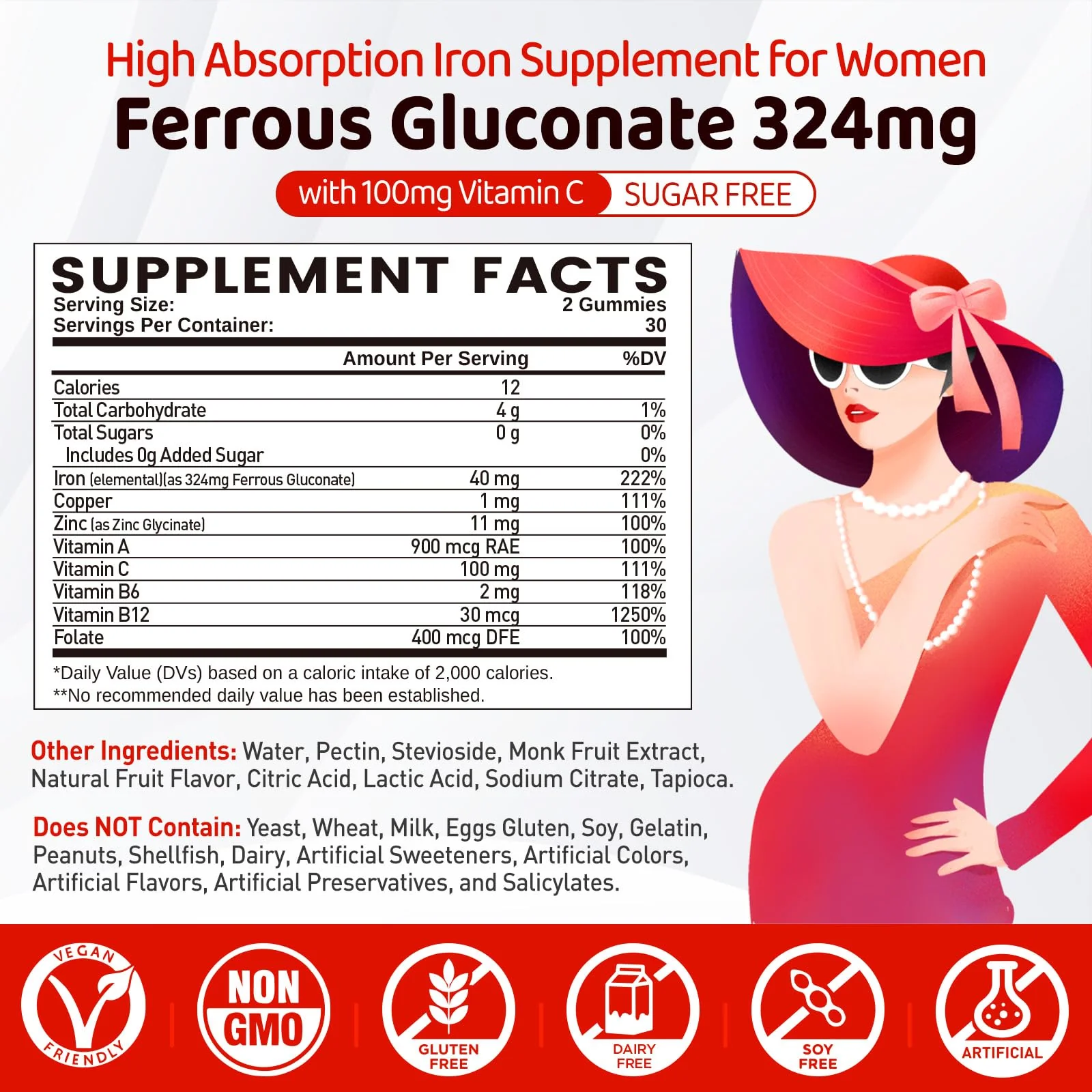 Iron Gummies for Women Teen Girls, Ferrous Gluconate 324 mg with Vitamin C, Iron Supplement Plus Vitamin A, B, Folate, Copper, Zinc, Energy & Blood Support, Immune Health, Sugar Free 60 Gummies - Image 7