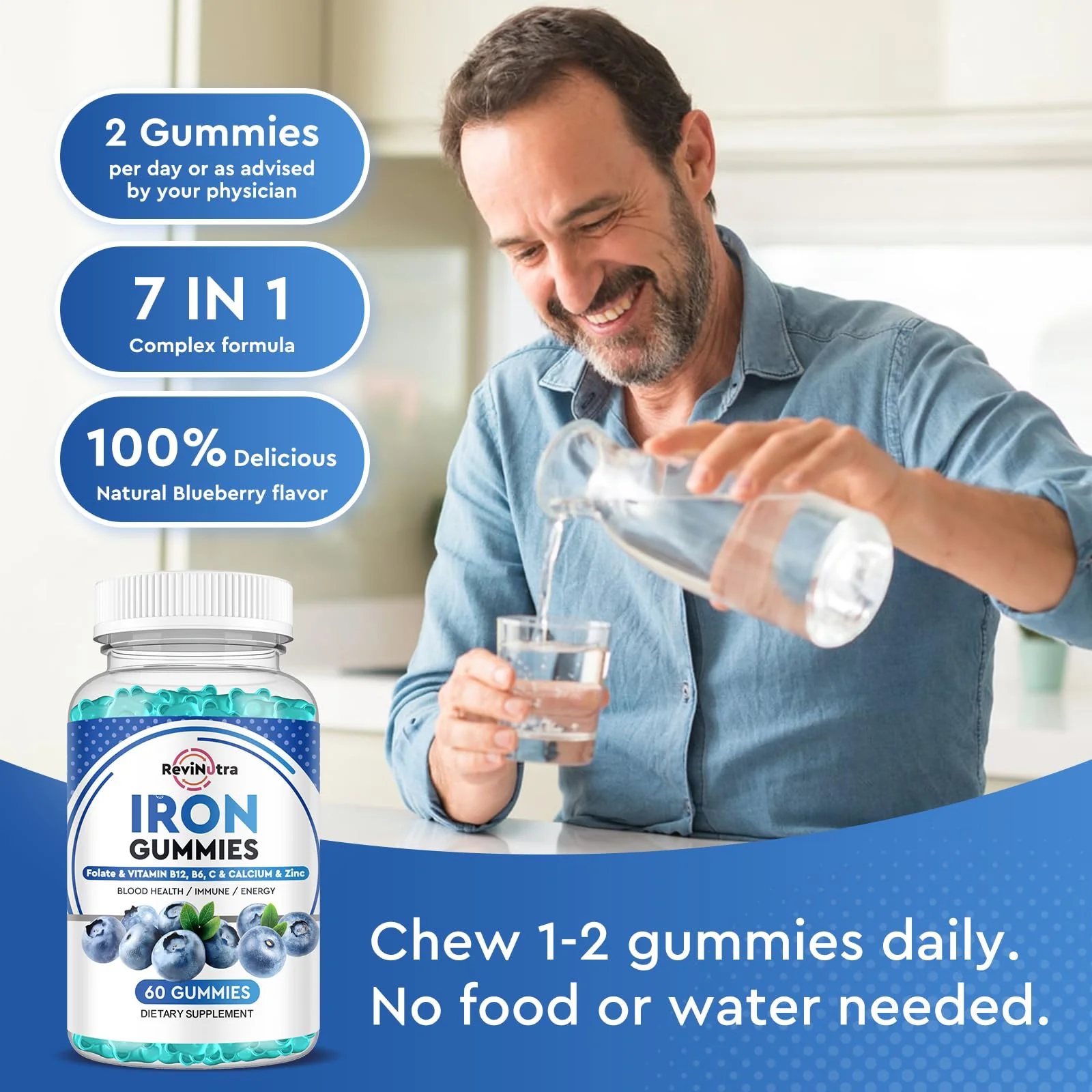 Iron Gummies - with Calcium, Zinc, Folate & Vitamin B12, C,B6 for Adults & Kids - Blood Builder & Energy Support for Iron Deficiency, Anemia, Vegan - Blueberry Flavor, 60 Gummies - Image 2