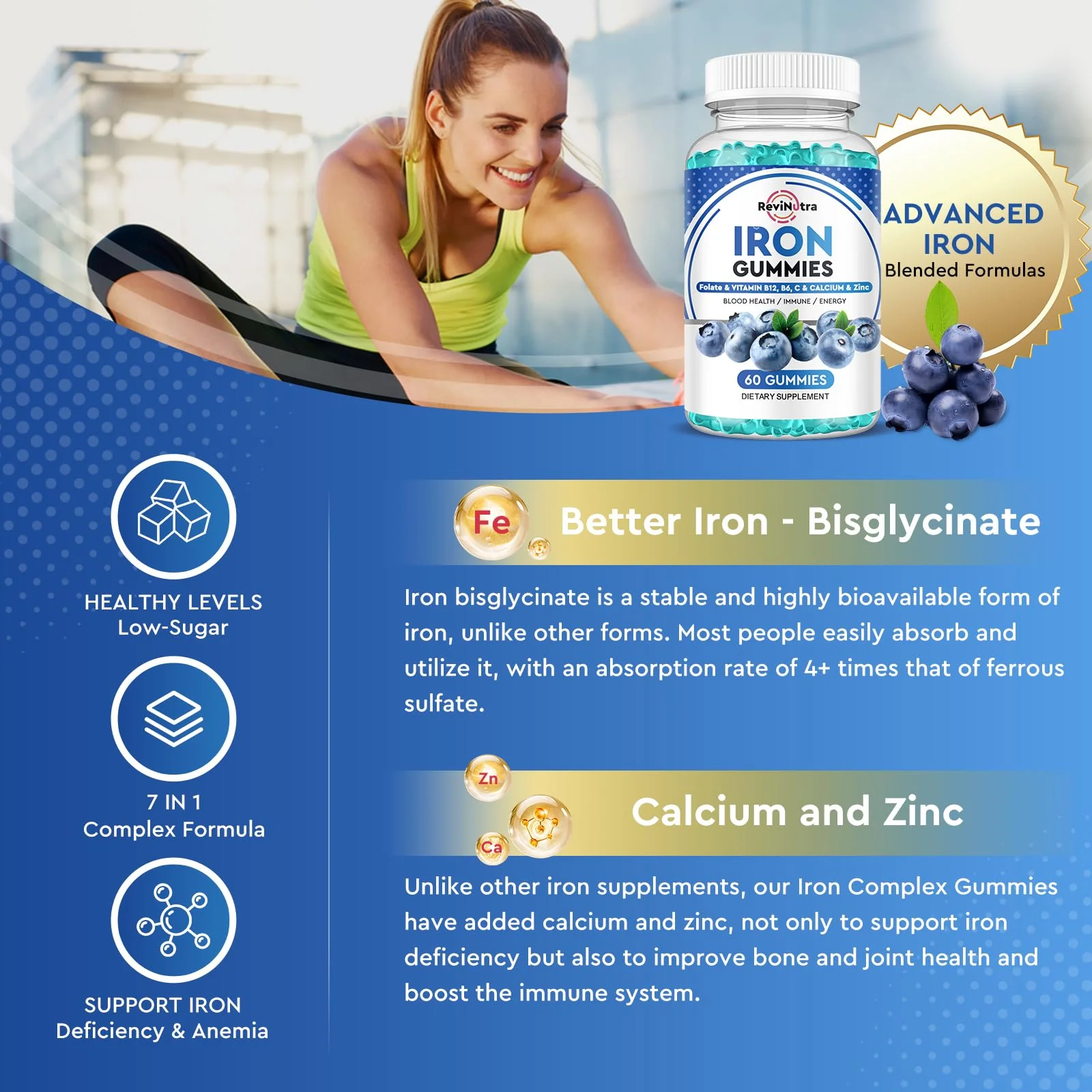 Iron Gummies - with Calcium, Zinc, Folate & Vitamin B12, C,B6 for Adults & Kids - Blood Builder & Energy Support for Iron Deficiency, Anemia, Vegan - Blueberry Flavor, 60 Gummies - Image 4