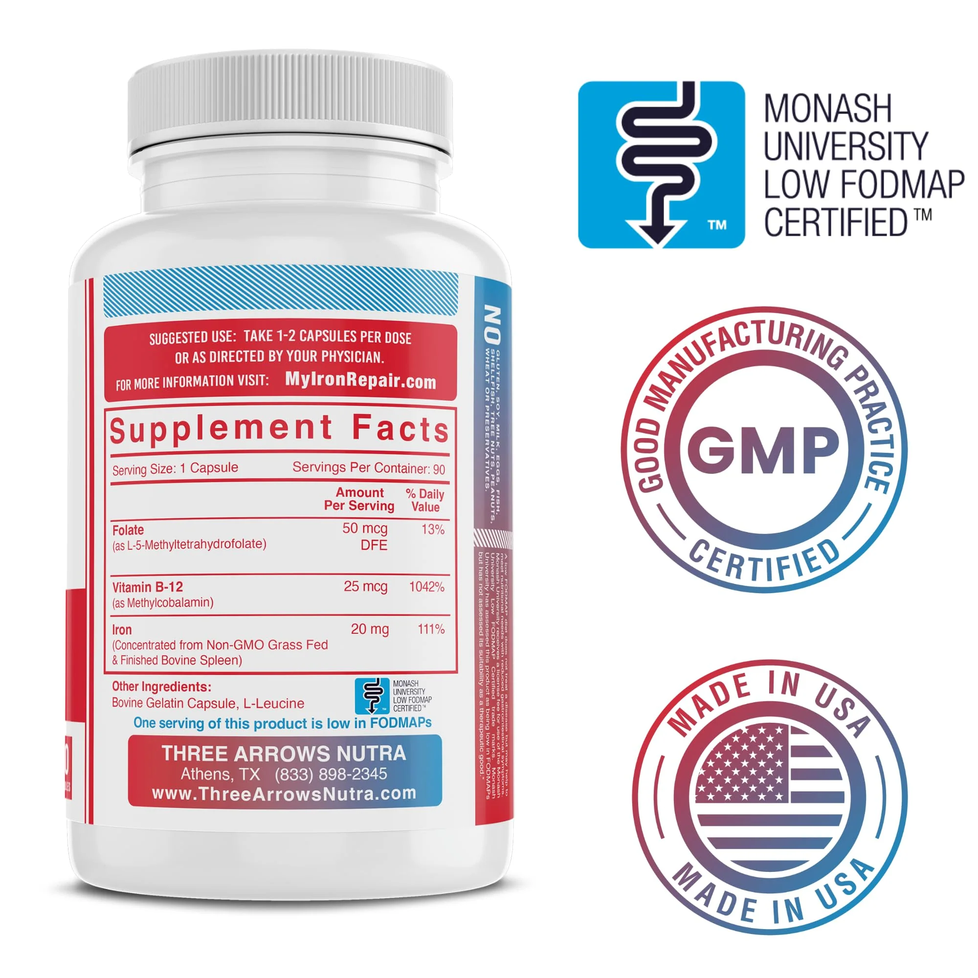 Iron Repair Plus Natural Iron Supplement, Best Absorption Gentle on Stomach, Monash Low FODMAP, Raise Hemoglobin & Ferritin for Women, Teens & Pregnancy Methylated B-12 & Folate, 90 Gelatin Capsules - Image 7
