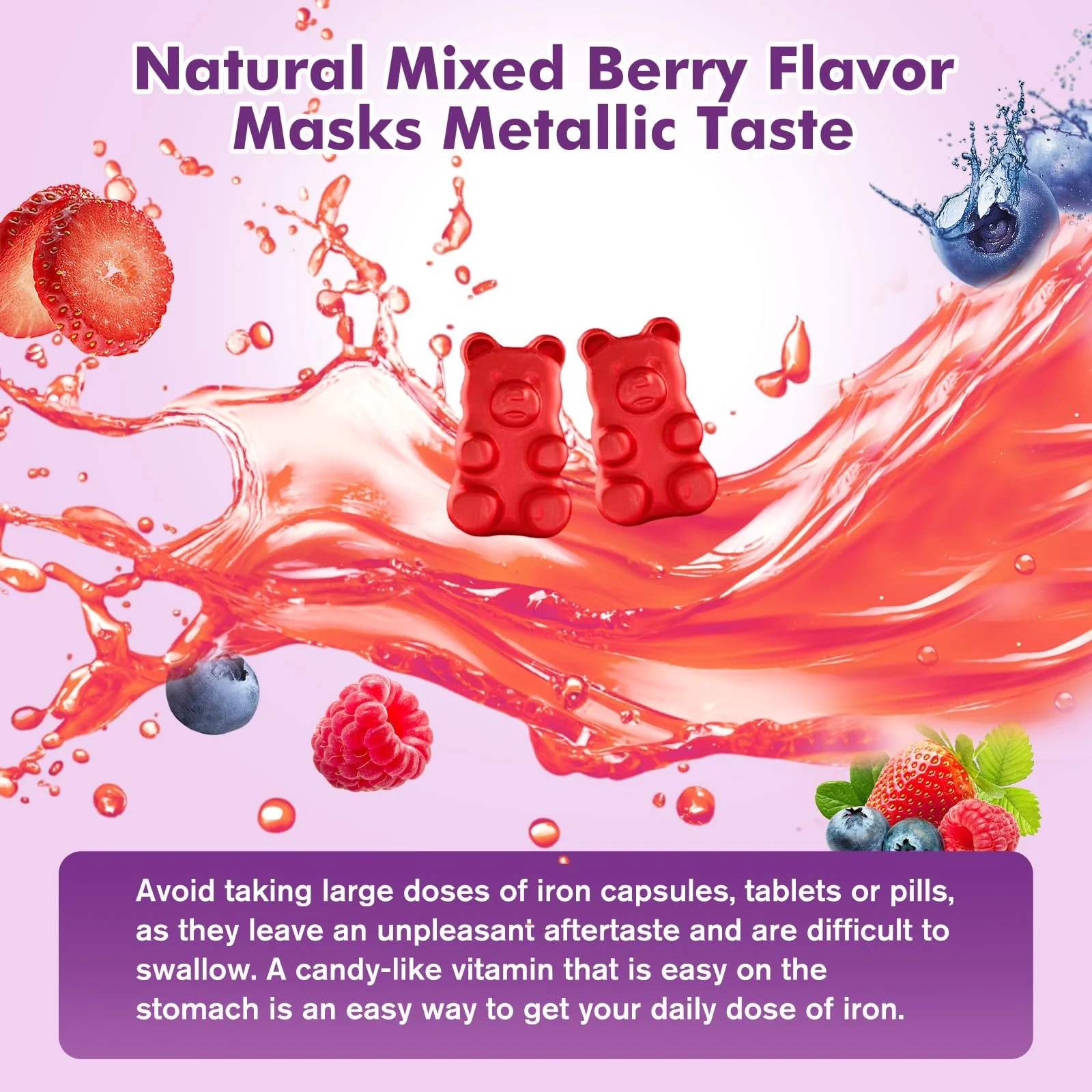 Iron Supplement for Women & Men Gummies, Multivitamin Blood Builder Iron Supplement with Folate Vitamin C B12 B6 Zinc for Adults & Kids - Energy Support - Mixed Berry Flavor, Vegan 60 Gummies - Image 2
