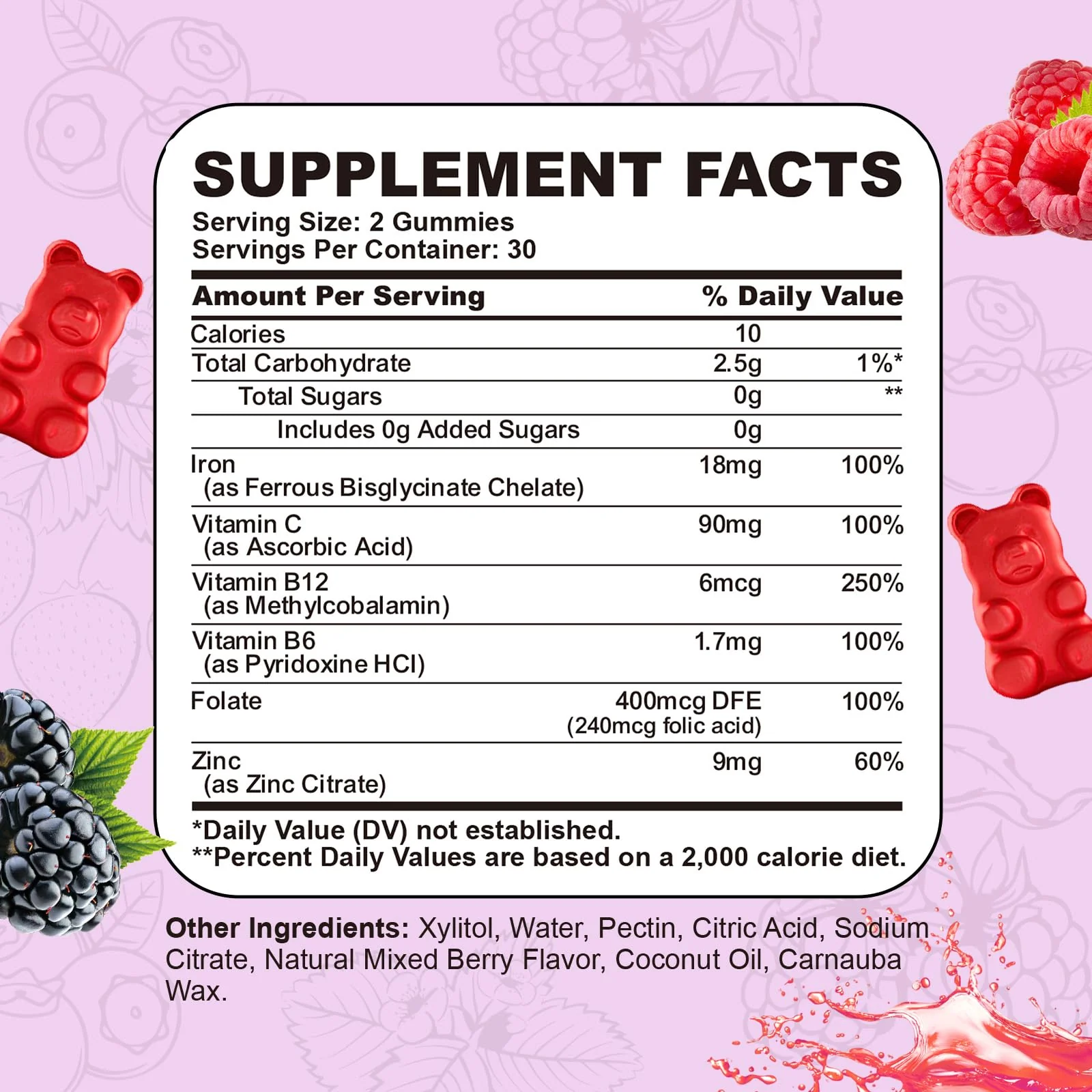Iron Supplement for Women & Men Gummies, Multivitamin Blood Builder Iron Supplement with Folate Vitamin C B12 B6 Zinc for Adults & Kids - Energy Support - Mixed Berry Flavor, Vegan 60 Gummies - Image 3