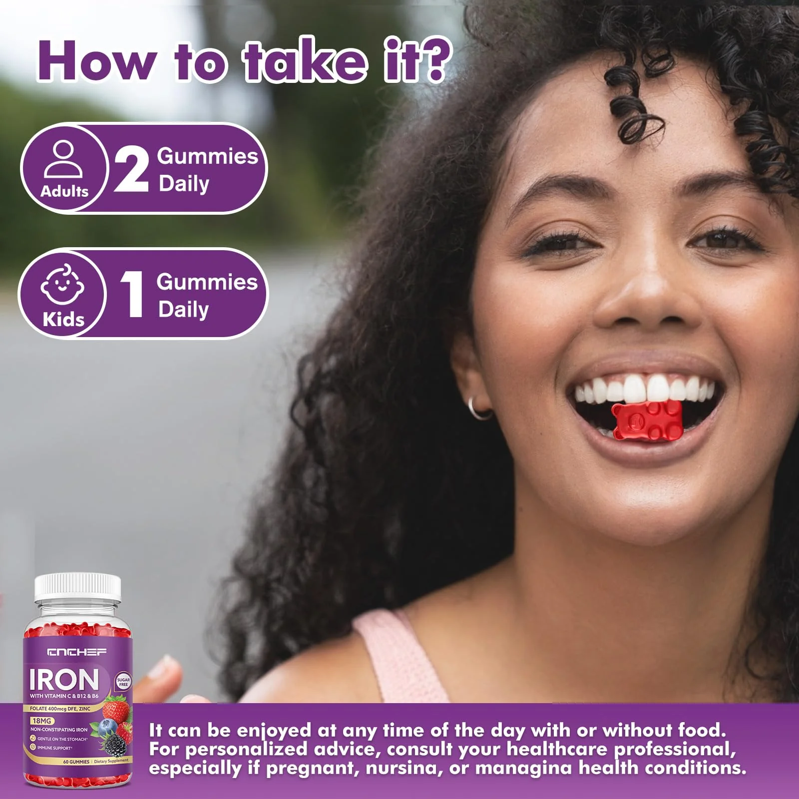 Iron Supplement for Women & Men Gummies, Multivitamin Blood Builder Iron Supplement with Folate Vitamin C B12 B6 Zinc for Adults & Kids - Energy Support - Mixed Berry Flavor, Vegan 60 Gummies - Image 4