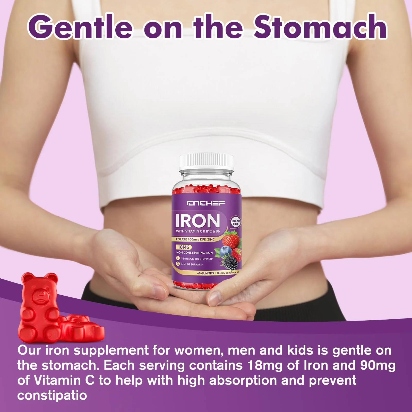 Iron Supplement for Women & Men Gummies, Multivitamin Blood Builder Iron Supplement with Folate Vitamin C B12 B6 Zinc for Adults & Kids - Energy Support - Mixed Berry Flavor, Vegan 60 Gummies - Image 5