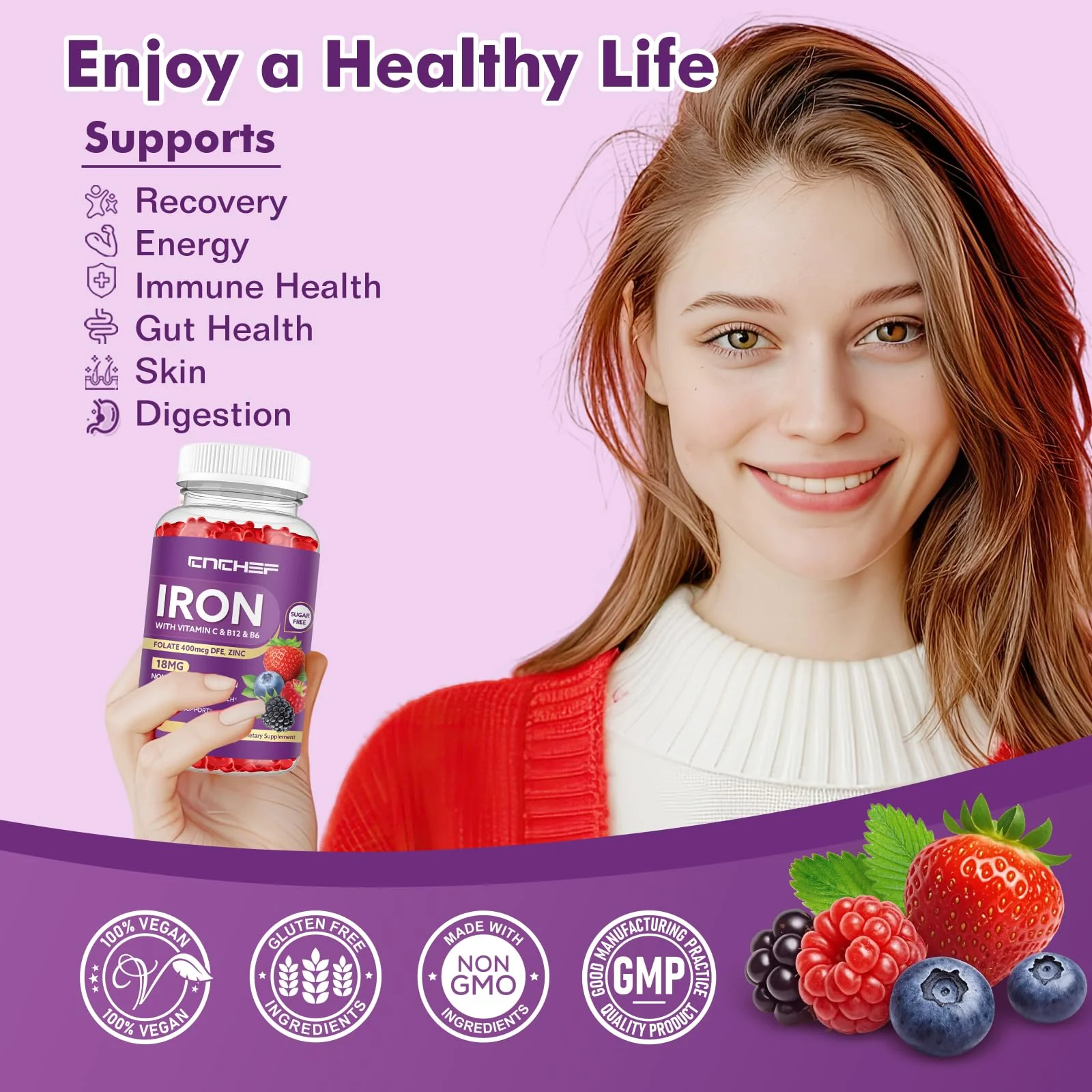 Iron Supplement for Women & Men Gummies, Multivitamin Blood Builder Iron Supplement with Folate Vitamin C B12 B6 Zinc for Adults & Kids - Energy Support - Mixed Berry Flavor, Vegan 60 Gummies - Image 7