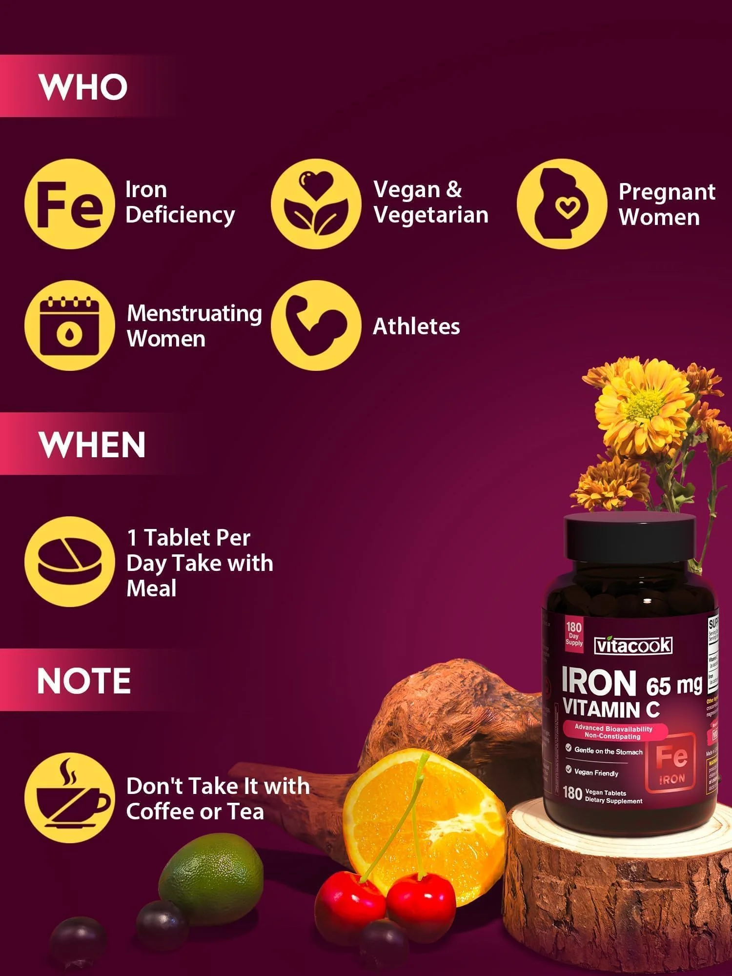 Iron Supplement for Women Men, High Potency Iron 65mg with Vitamin C 250mg, Stomach Friendly Iron Pills for Red Blood Cell & Immune Support, Vegan, Non-GMO & Gluten Free, 180 Tablets - Image 4