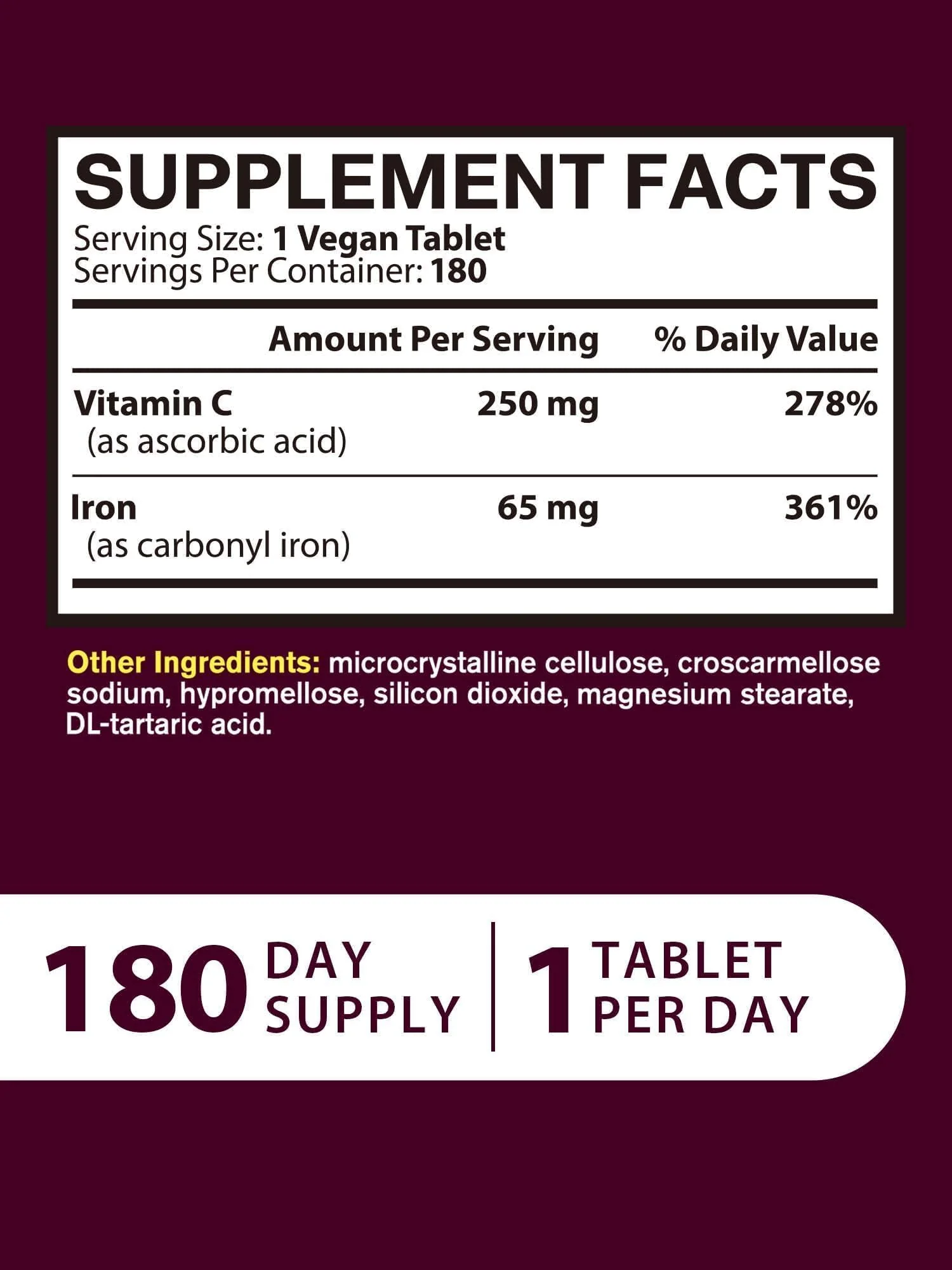 Iron Supplement for Women Men, High Potency Iron 65mg with Vitamin C 250mg, Stomach Friendly Iron Pills for Red Blood Cell & Immune Support, Vegan, Non-GMO & Gluten Free, 180 Tablets - Image 6