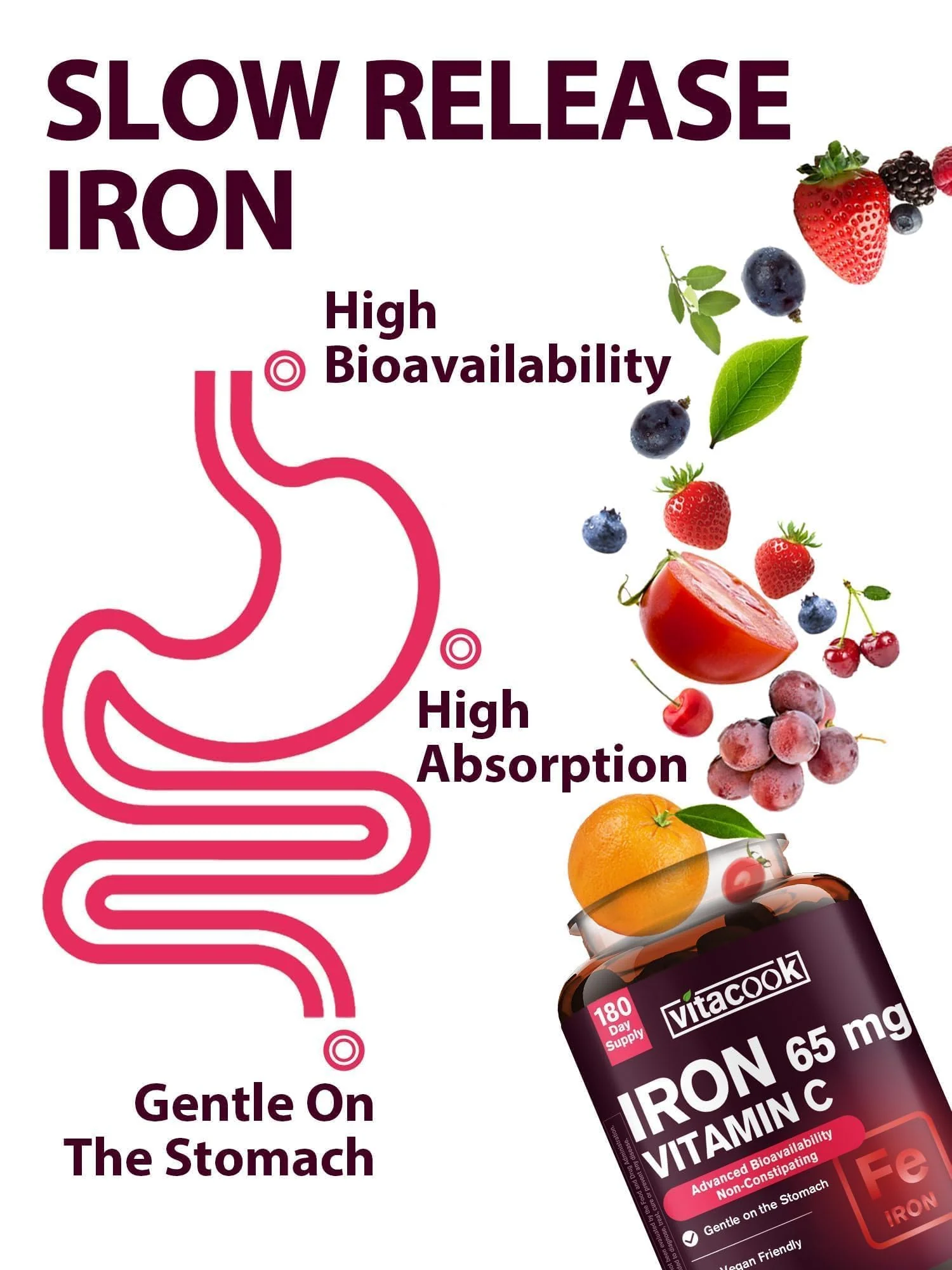 Iron Supplement for Women Men, High Potency Iron 65mg with Vitamin C 250mg, Stomach Friendly Iron Pills for Red Blood Cell & Immune Support, Vegan, Non-GMO & Gluten Free, 180 Tablets - Image 7