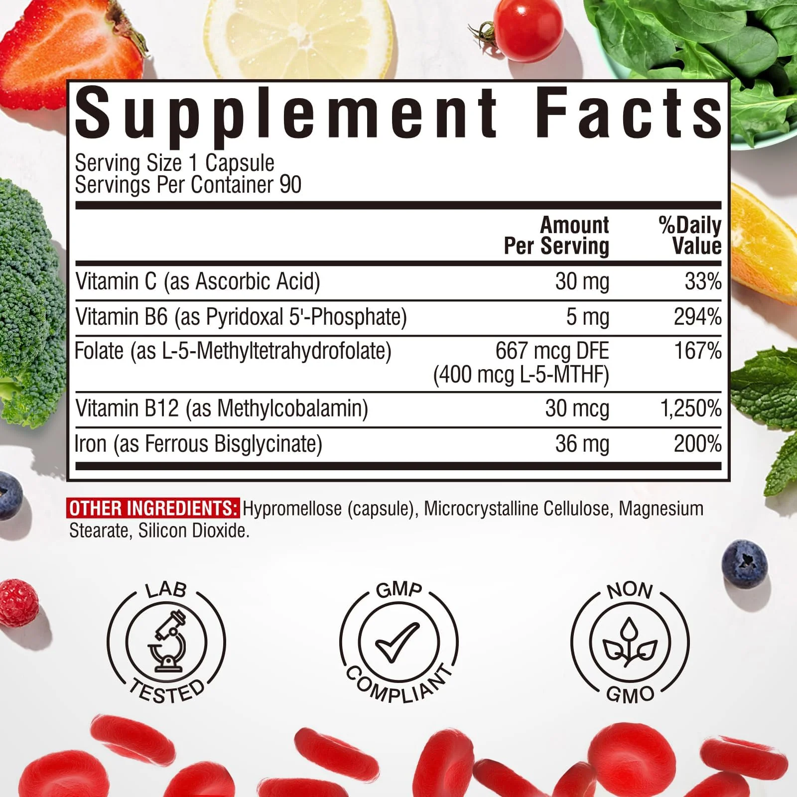 Iron Supplement for Women & Men, with Vitamins C, B6, B12 & Folate for Iron Deficiency, Blood Building & Energy Support, Stomach Friendly, Better Absorption, Non-GMO, No Gluten, 90 Vegan Caps - Image 8