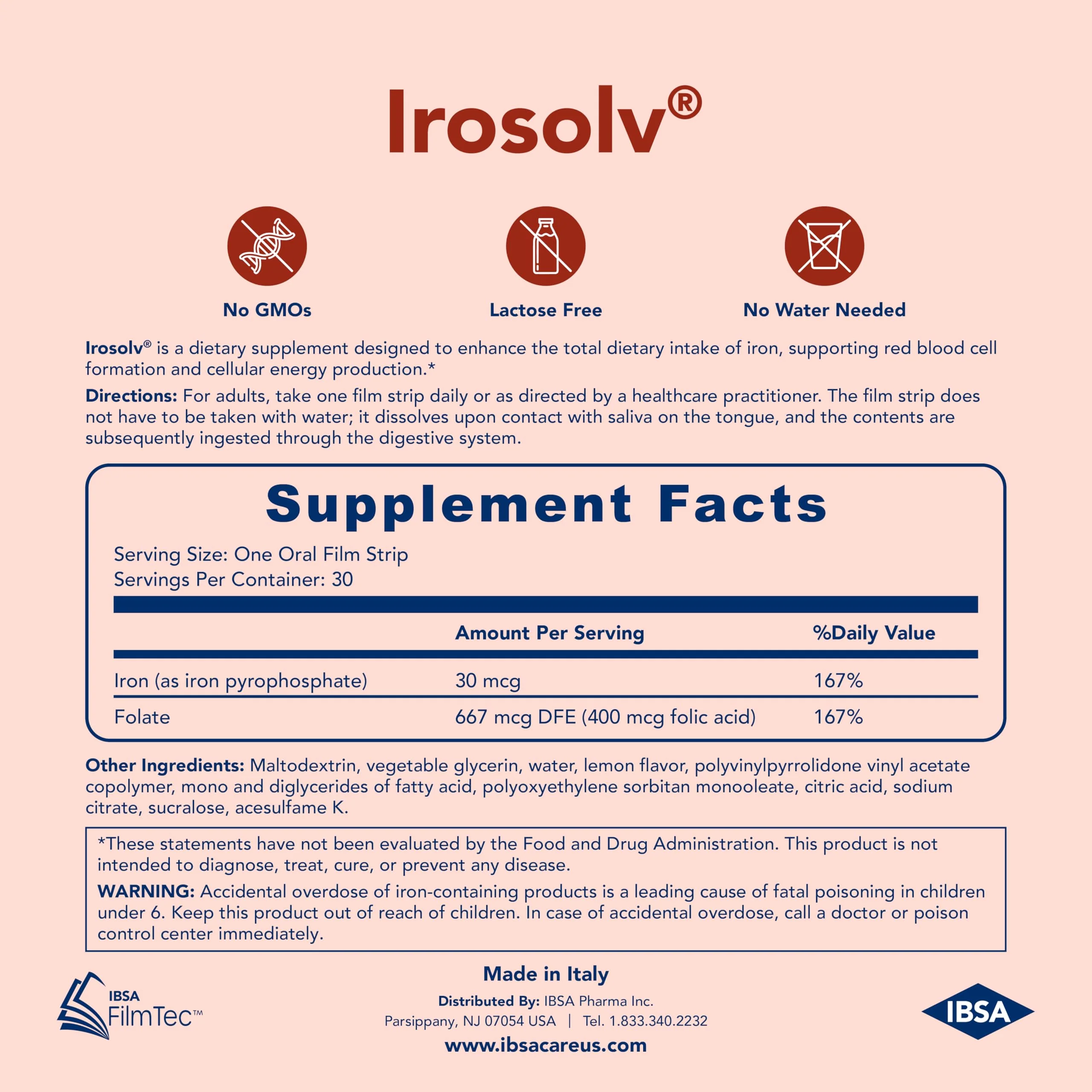Irosolv – IBSA Iron - Dietary Supplement – 30 mg Iron 400 mcg Folic Acid-30 Oral Dissolving Films for Immediate Release and Tolerability - Gluten-Free, Lactose-Free, Sugar-Free, Non-GMO - Image 3