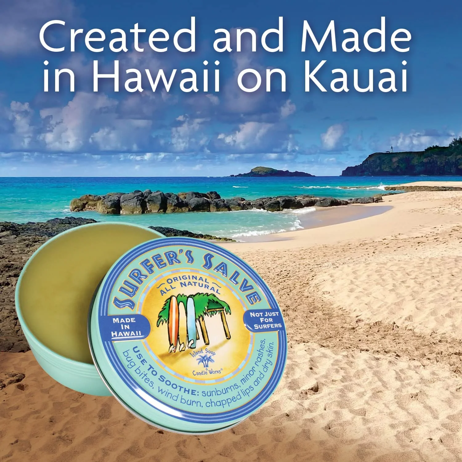 Island Soap & Candle Works Surfer's Salve - All Natural Skin Soothing Balm - Moisturizing Anti-Chafing Ointment for Insect Bites, Sunburn, Windburn, Chapped Lips, Rashes & New Tattoos - 4 Ounce - Image 3