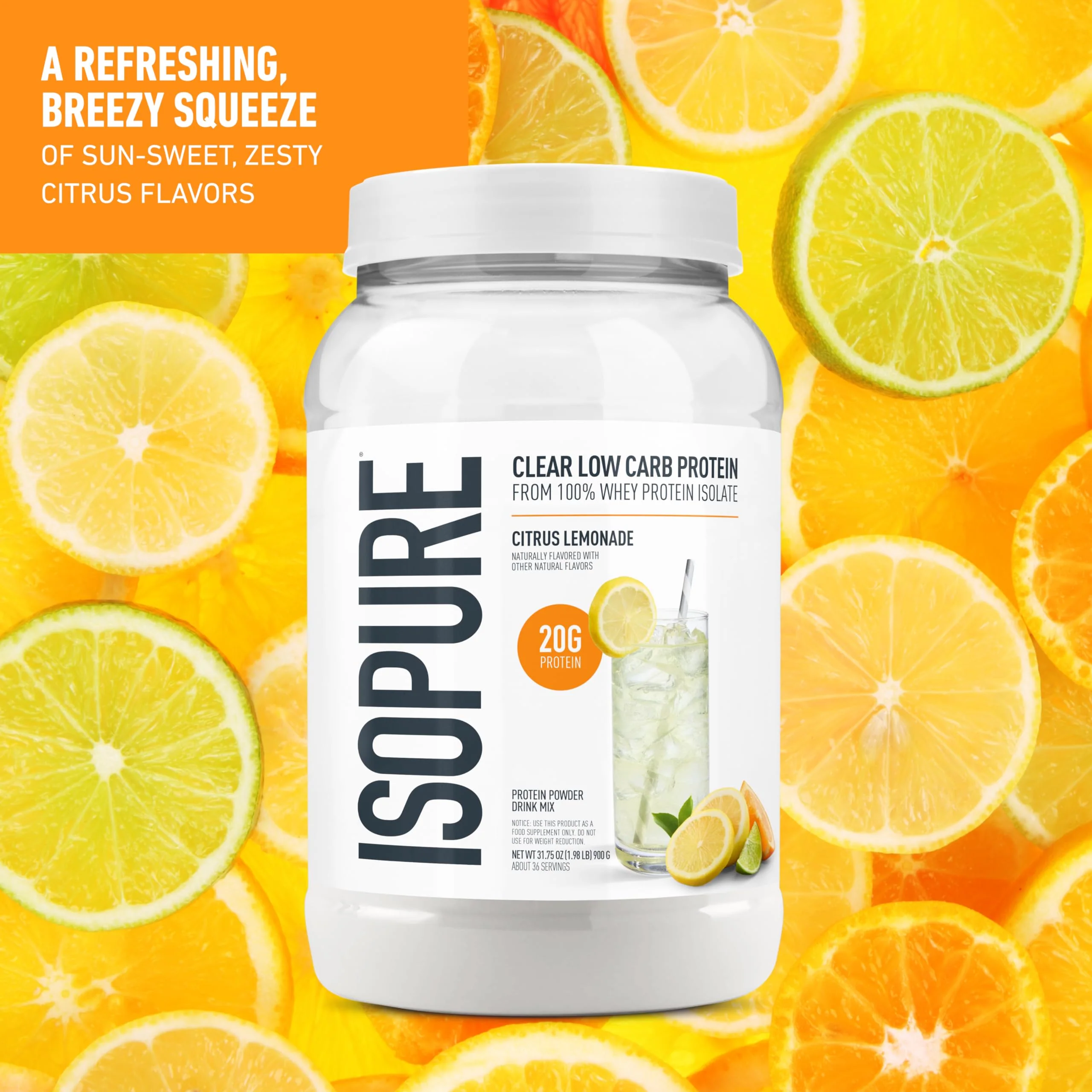 Isopure Clear Whey Isolate Protein Powder, Lactose Free, Gluten Free, Naturally Flavored, Citrus Lemonade, 20g Protein Per Serving, 1.9 Lb, 36 Servings (Packaging May Vary) - Image 3