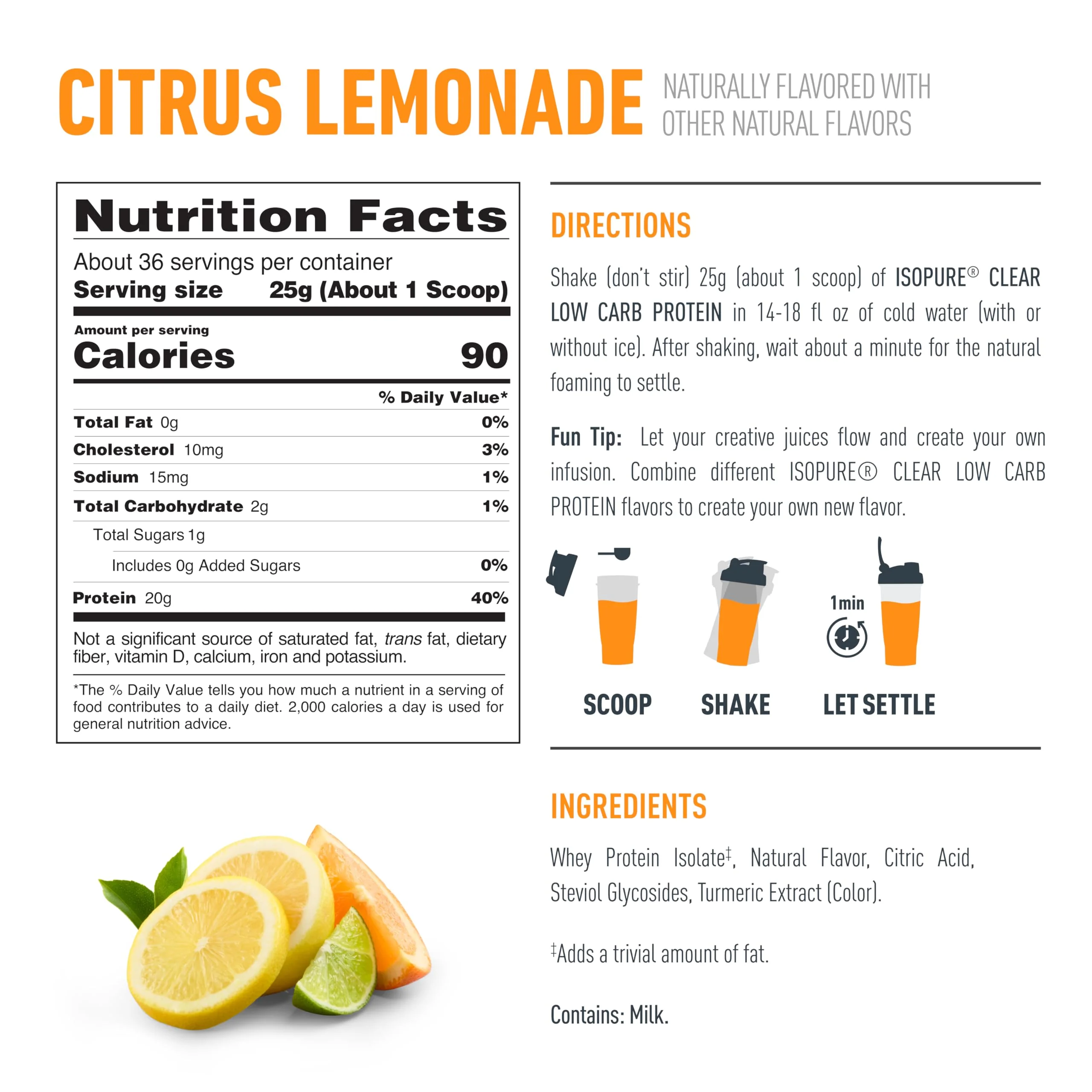 Isopure Clear Whey Isolate Protein Powder, Lactose Free, Gluten Free, Naturally Flavored, Citrus Lemonade, 20g Protein Per Serving, 1.9 Lb, 36 Servings (Packaging May Vary) - Image 7