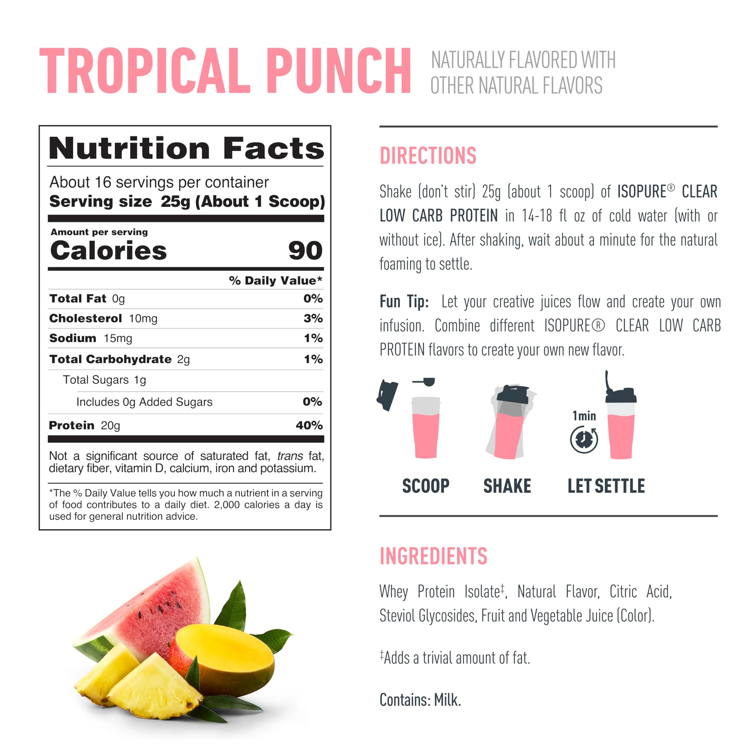 Isopure Clear Whey Isolate Protein Powder, Lactose Free, Gluten Free, Naturally Flavored, Tropical Punch, 20g Protein Per Serving, 14.1 Oz, 16 Servings (Packaging May Vary) - Image 7
