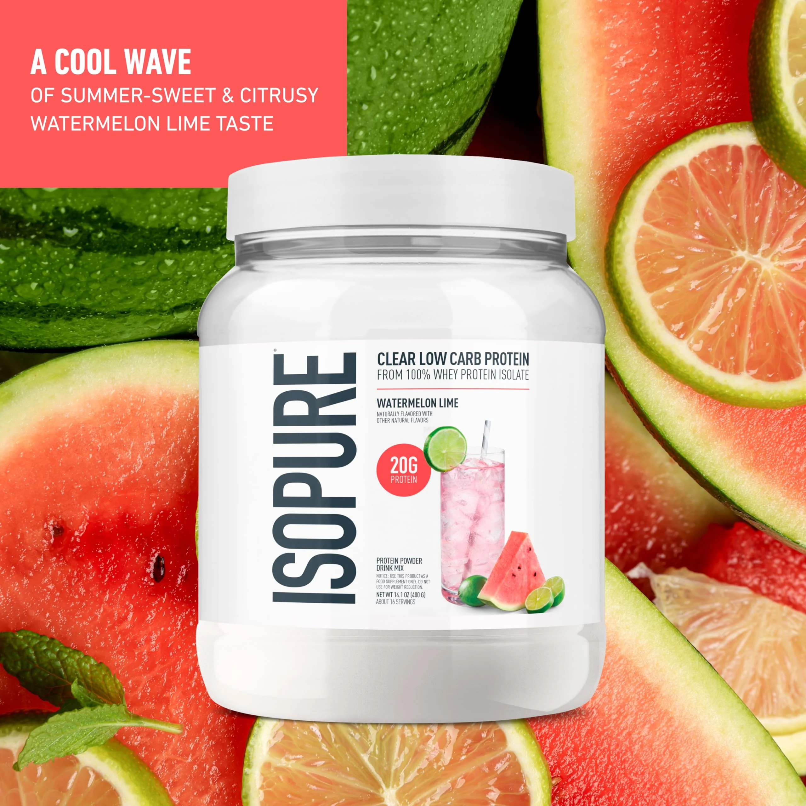 Isopure Clear Whey Isolate Protein Powder, Lactose Free, Gluten Free, Naturally Flavored, Watermelon Lime, 20g Protein Per Serving, 14.1 Oz, 16 Servings (Packaging May Vary) - Image 4