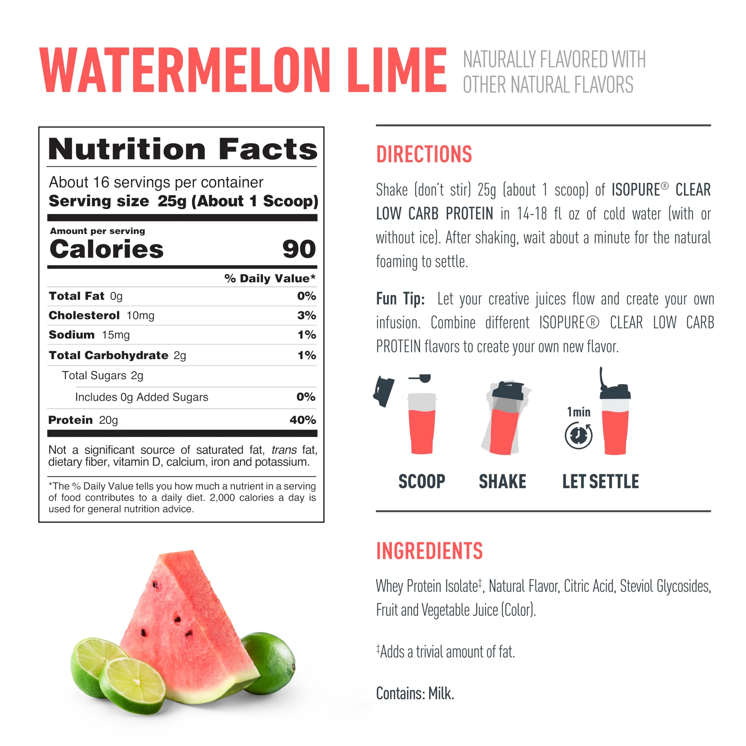 Isopure Clear Whey Isolate Protein Powder, Lactose Free, Gluten Free, Naturally Flavored, Watermelon Lime, 20g Protein Per Serving, 14.1 Oz, 16 Servings (Packaging May Vary) - Image 8
