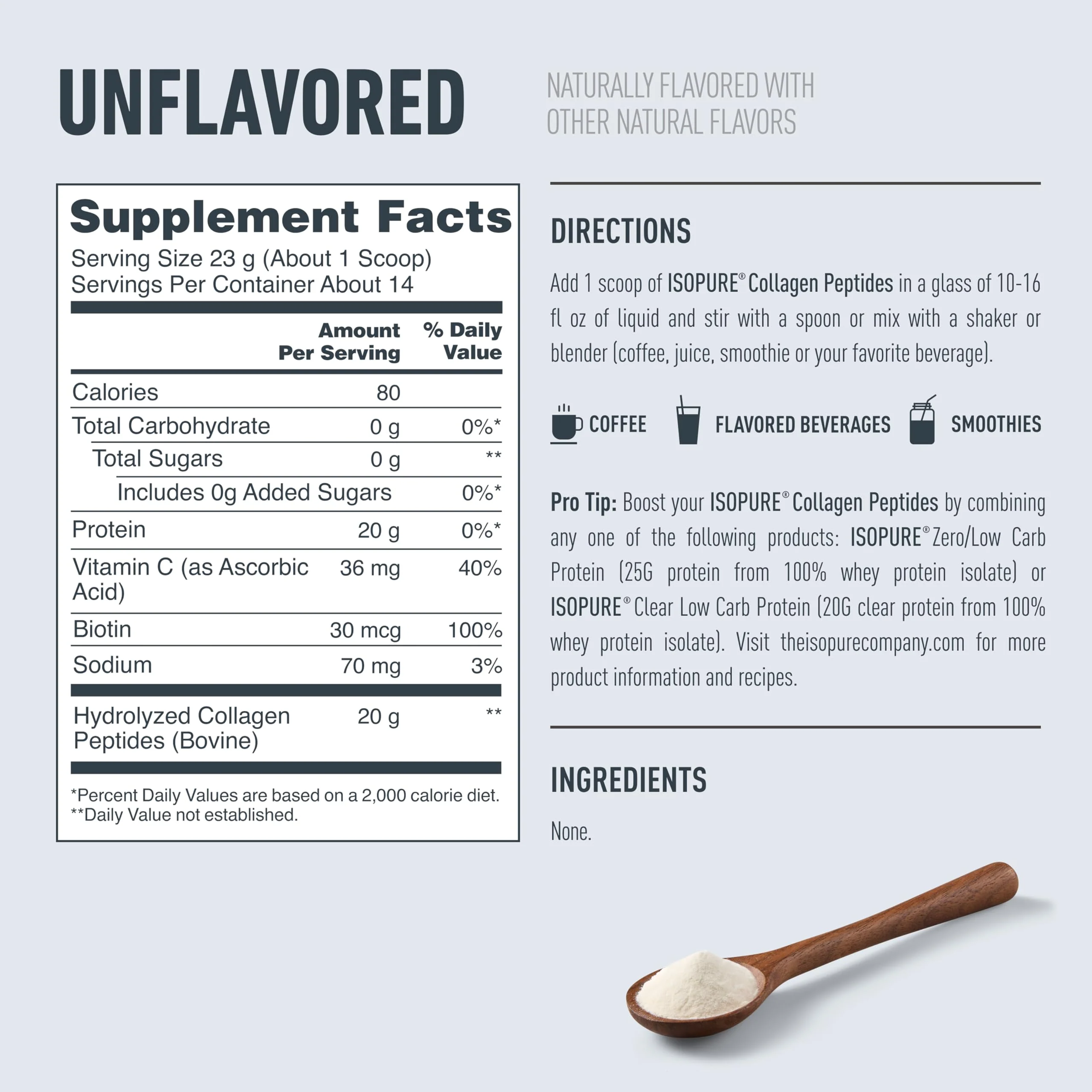 Isopure Collagen Peptides Powder, Promotes Hair, Nail, Skin and Joint Health, with Vitamin C and Biotin, Unflavored, 20g Collagen Peptides Per Serving, 11.36 Oz, 14 Servings (Packaging May Vary) - Image 2
