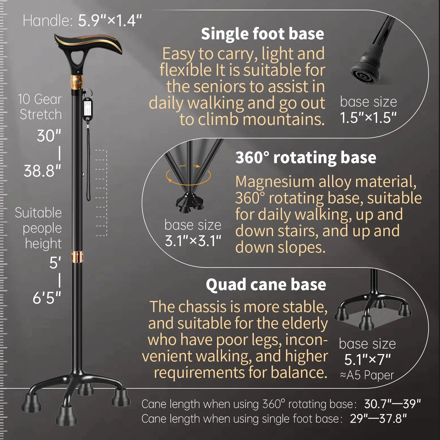 ispuoocti Smart Alarm Walking Cane for Men & Women, Telescopic and Adjustable Walking Sticks for Seniors, USB Direct Charge, with LED Light, One Cane for Three Purposes, Light and Stable (Black) - Image 3