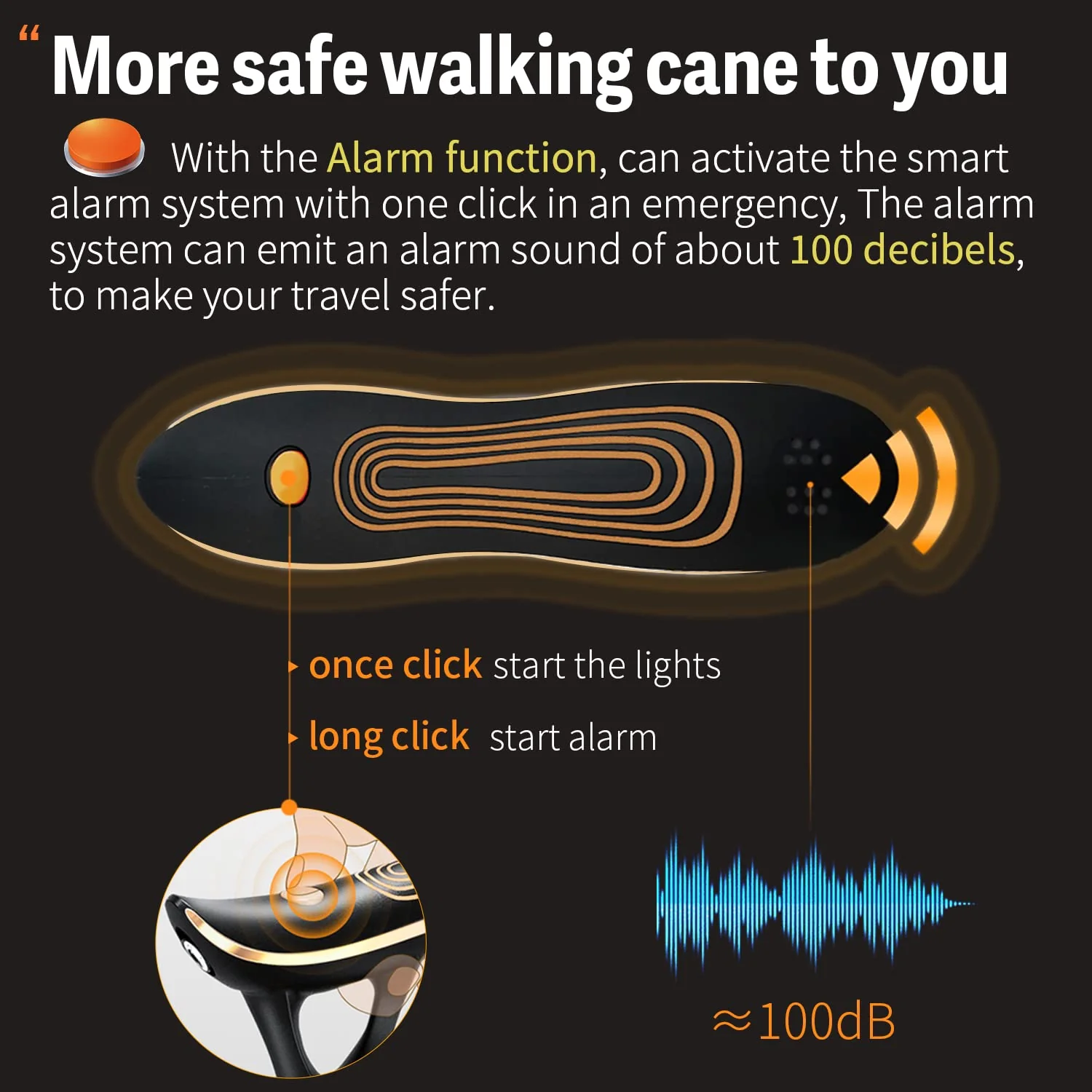 ispuoocti Smart Alarm Walking Cane for Men & Women, Telescopic and Adjustable Walking Sticks for Seniors, USB Direct Charge, with LED Light, One Cane for Three Purposes, Light and Stable (Black) - Image 5