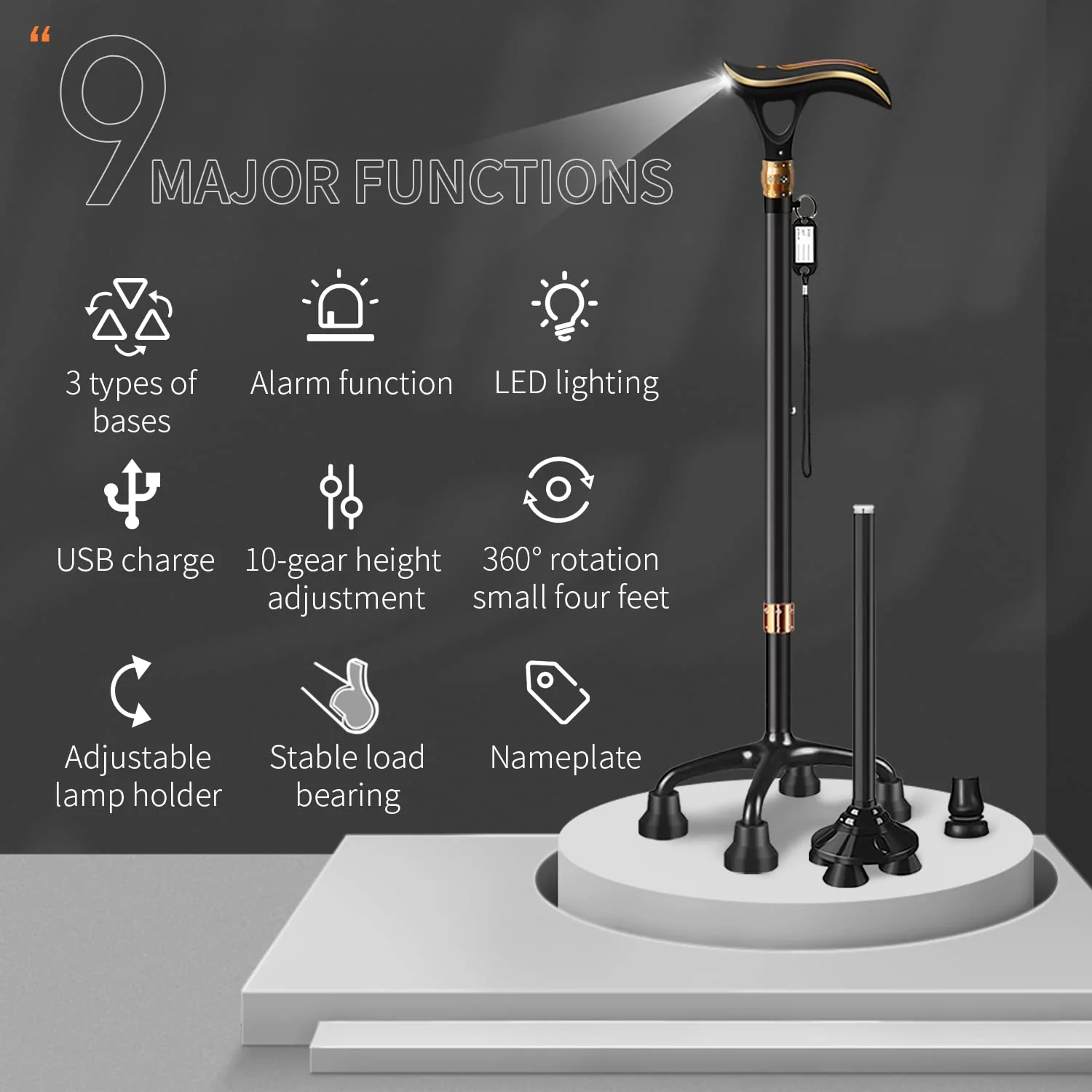 ispuoocti Smart Alarm Walking Cane for Men & Women, Telescopic and Adjustable Walking Sticks for Seniors, USB Direct Charge, with LED Light, One Cane for Three Purposes, Light and Stable (Black) - Image 7