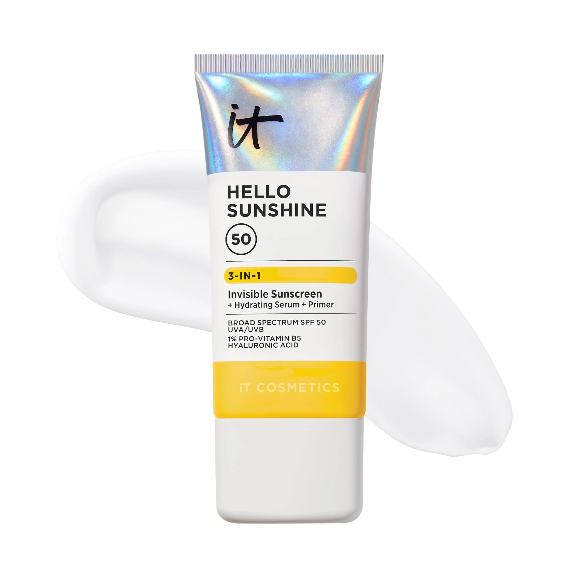 IT Cosmetics Hello Sunshine Invisible Sunscreen for Face SPF 50 - Sunscreen, Hydrating Serum & Makeup Primer - 1% Pro-Vitamin B5 & Hyaluronic Acid - HSA/FSA Eligible - No White Cast - 1.69 fl oz