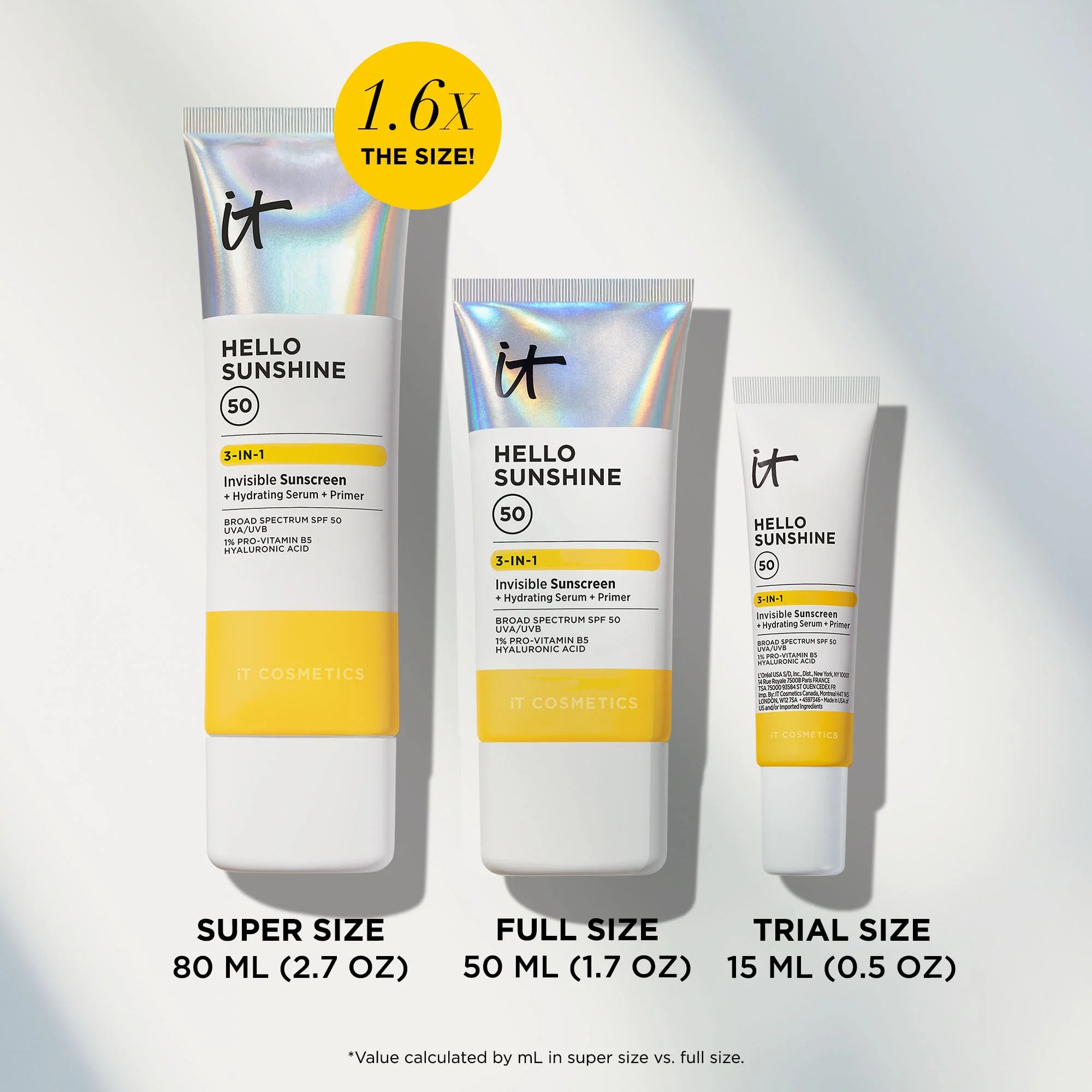 IT Cosmetics Hello Sunshine Invisible Sunscreen for Face SPF 50 - Sunscreen, Hydrating Serum & Makeup Primer - 1% Pro-Vitamin B5 & Hyaluronic Acid - HSA/FSA Eligible - No White Cast - 1.69 fl oz - Image 10