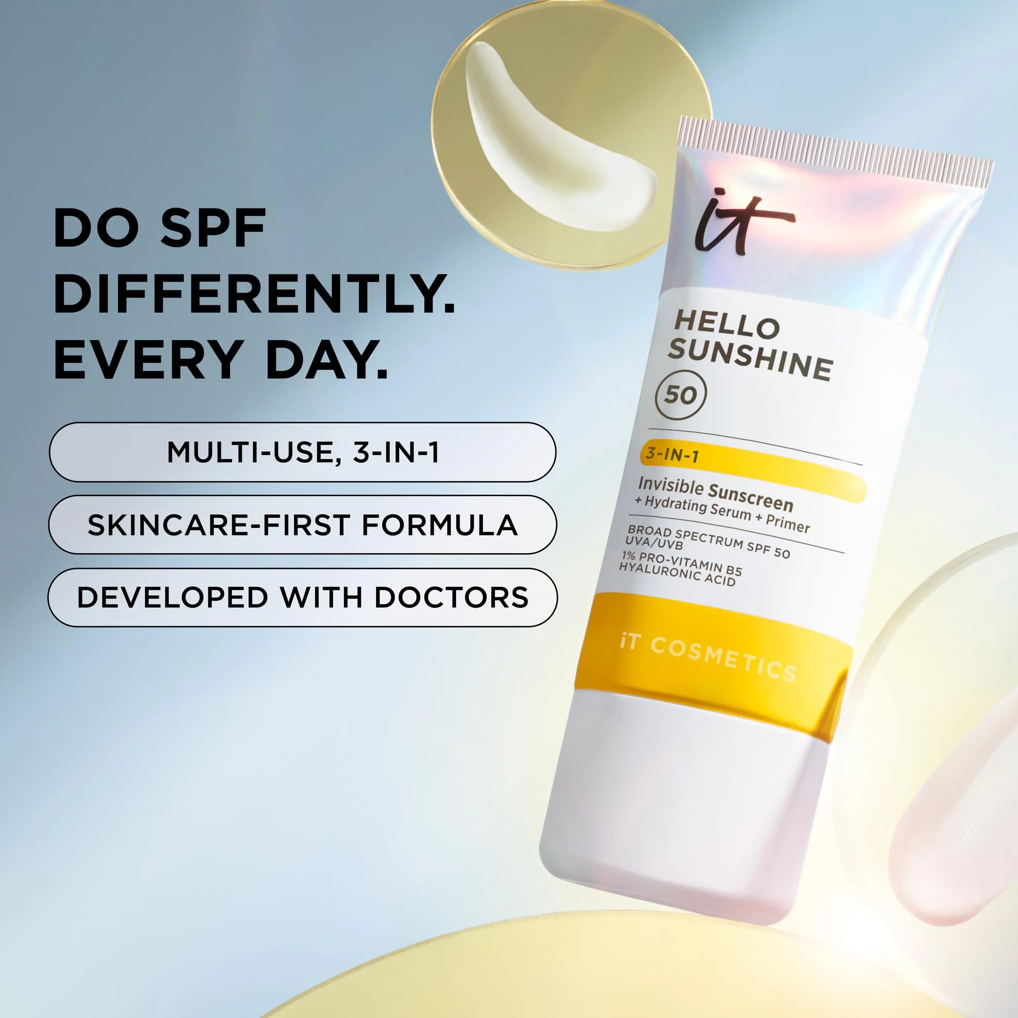 IT Cosmetics Hello Sunshine Invisible Sunscreen for Face SPF 50 - Sunscreen, Hydrating Serum & Makeup Primer - 1% Pro-Vitamin B5 & Hyaluronic Acid - HSA/FSA Eligible - No White Cast - 1.69 fl oz - Image 7