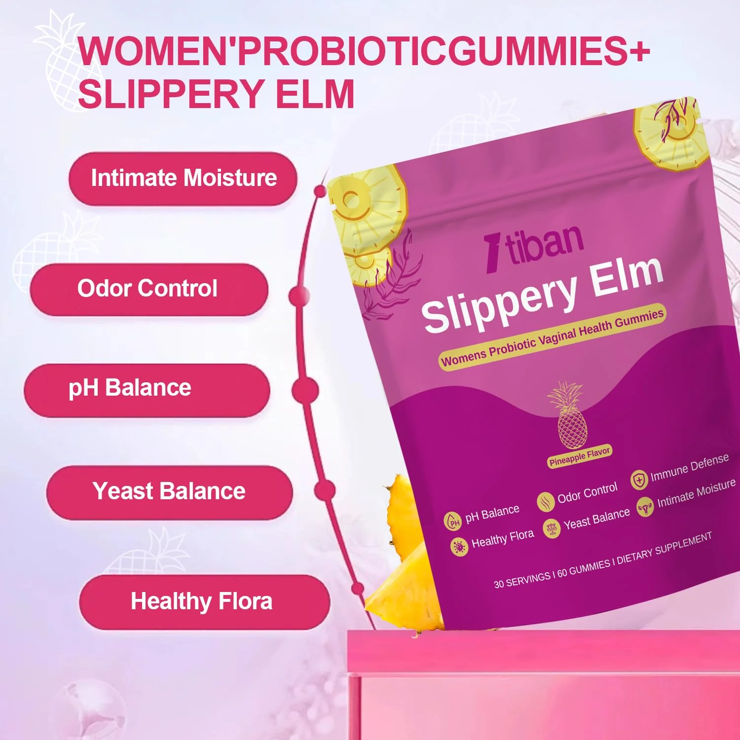 Itiban Slippery Elm Feminine Probiotic Moisture Gummies, pH Balance, Vaginal Flora, Odor Health with Bacillus coagulans, Delicious Pineapple Flavor, 60 Count - Image 2