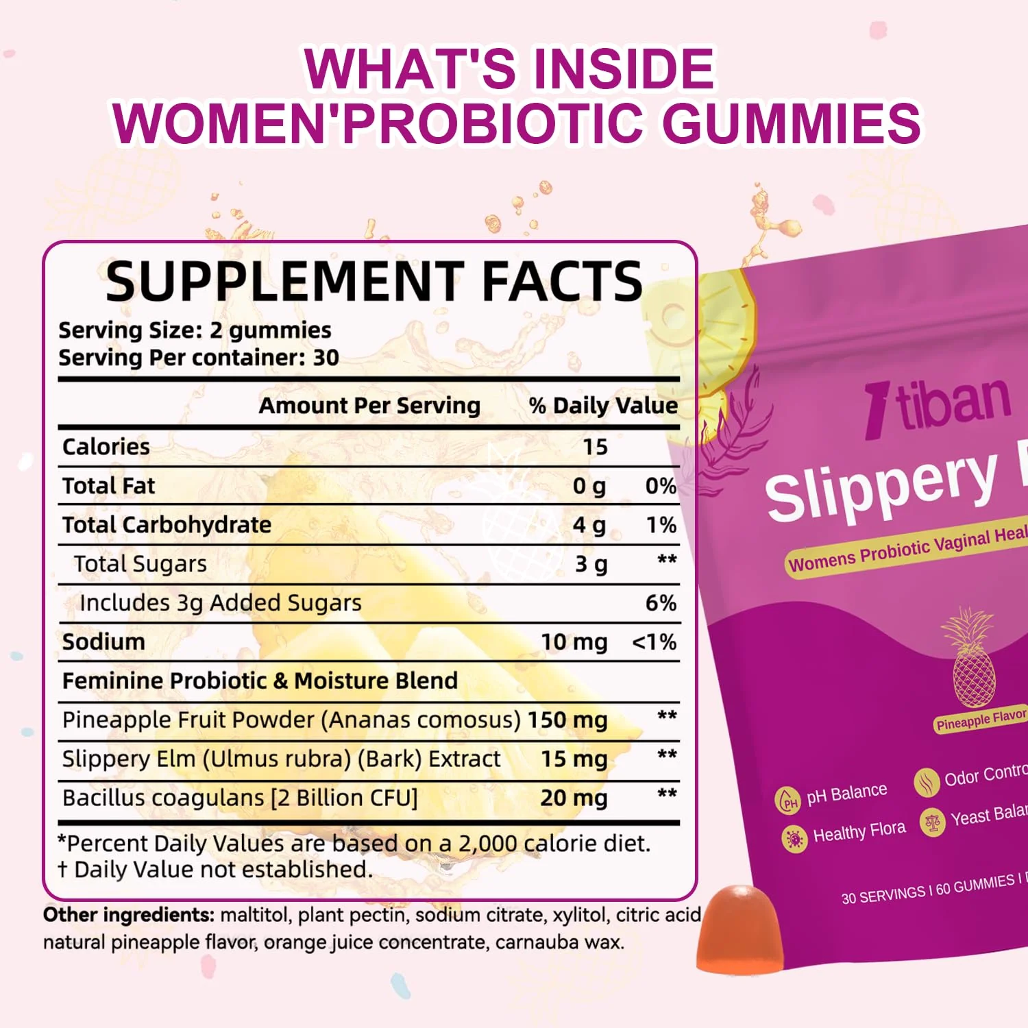 Itiban Slippery Elm Feminine Probiotic Moisture Gummies, pH Balance, Vaginal Flora, Odor Health with Bacillus coagulans, Delicious Pineapple Flavor, 60 Count - Image 3