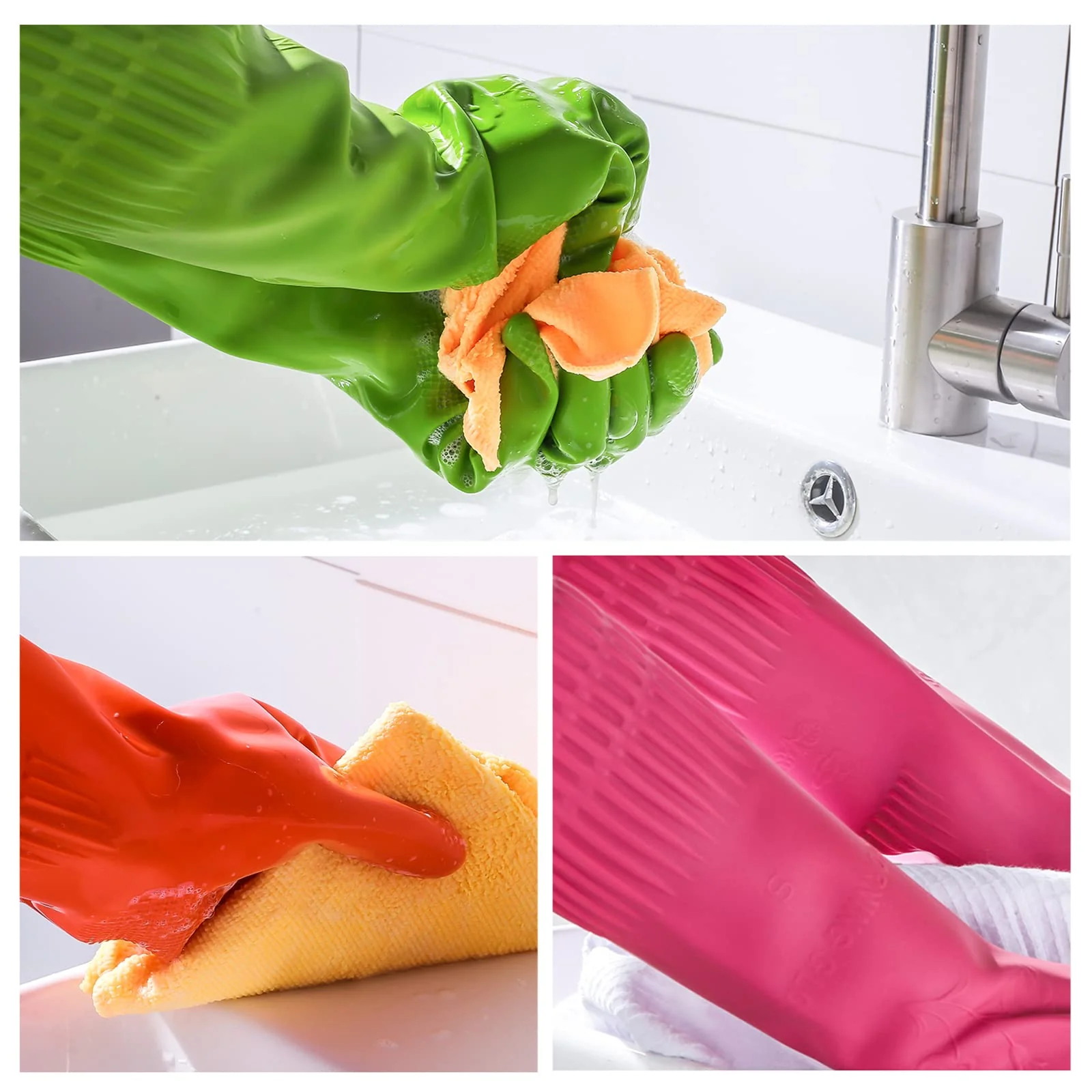 IUCGE Rubber dishwashing gloves 6 Pairs for kitchen,Cleaning washing dish gloves long for household reuseable durable.(Large,Multicolor) - Image 3