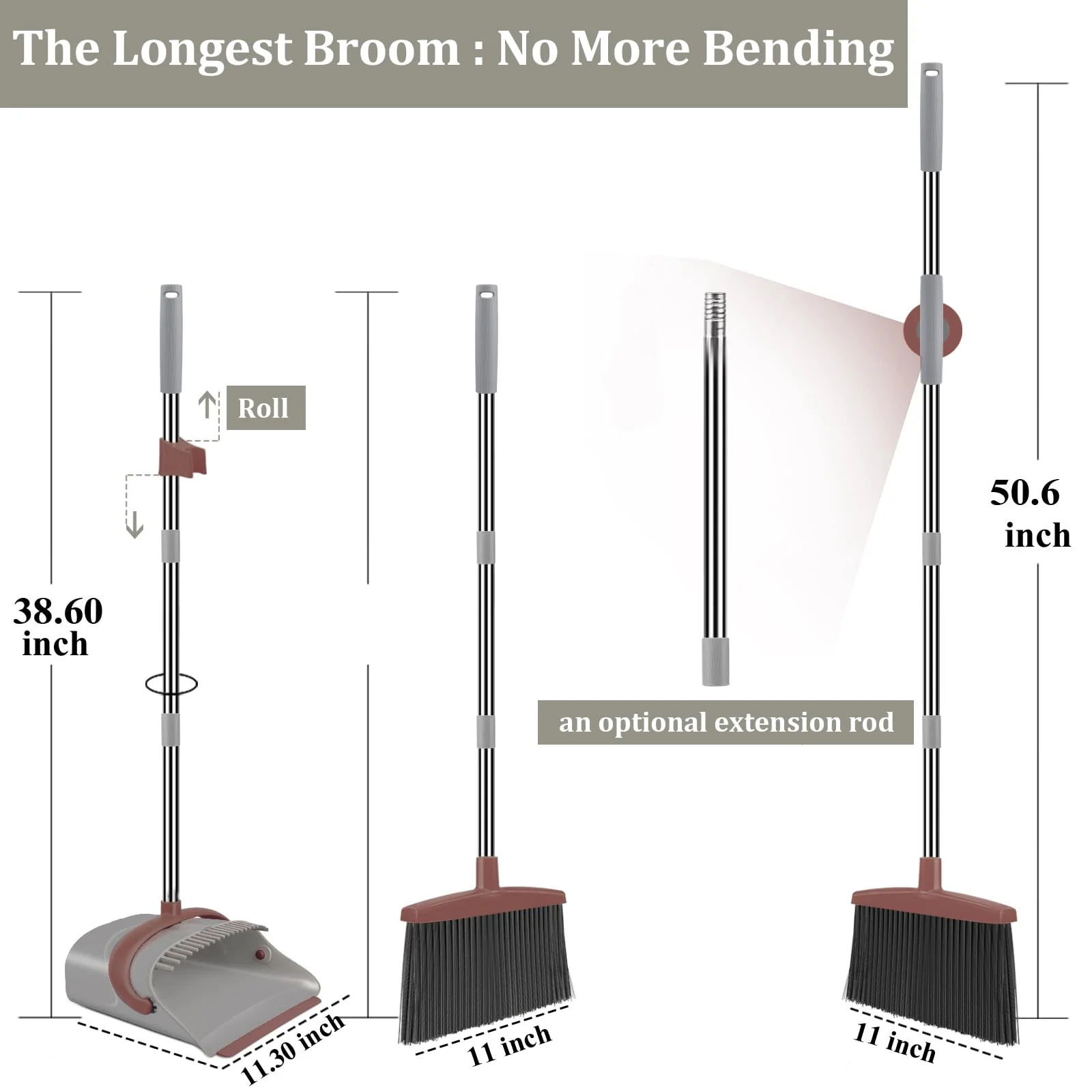 Ivandar Broom with Dustpan Combo Set, 50.6 inch Long Handle, Upright Standing Broom and Dustpan Set Quiet Cleaning Tool Sweep the Floor Dust pan Removes 4 Times More Pet Hair(Brown and Gray) - Image 2
