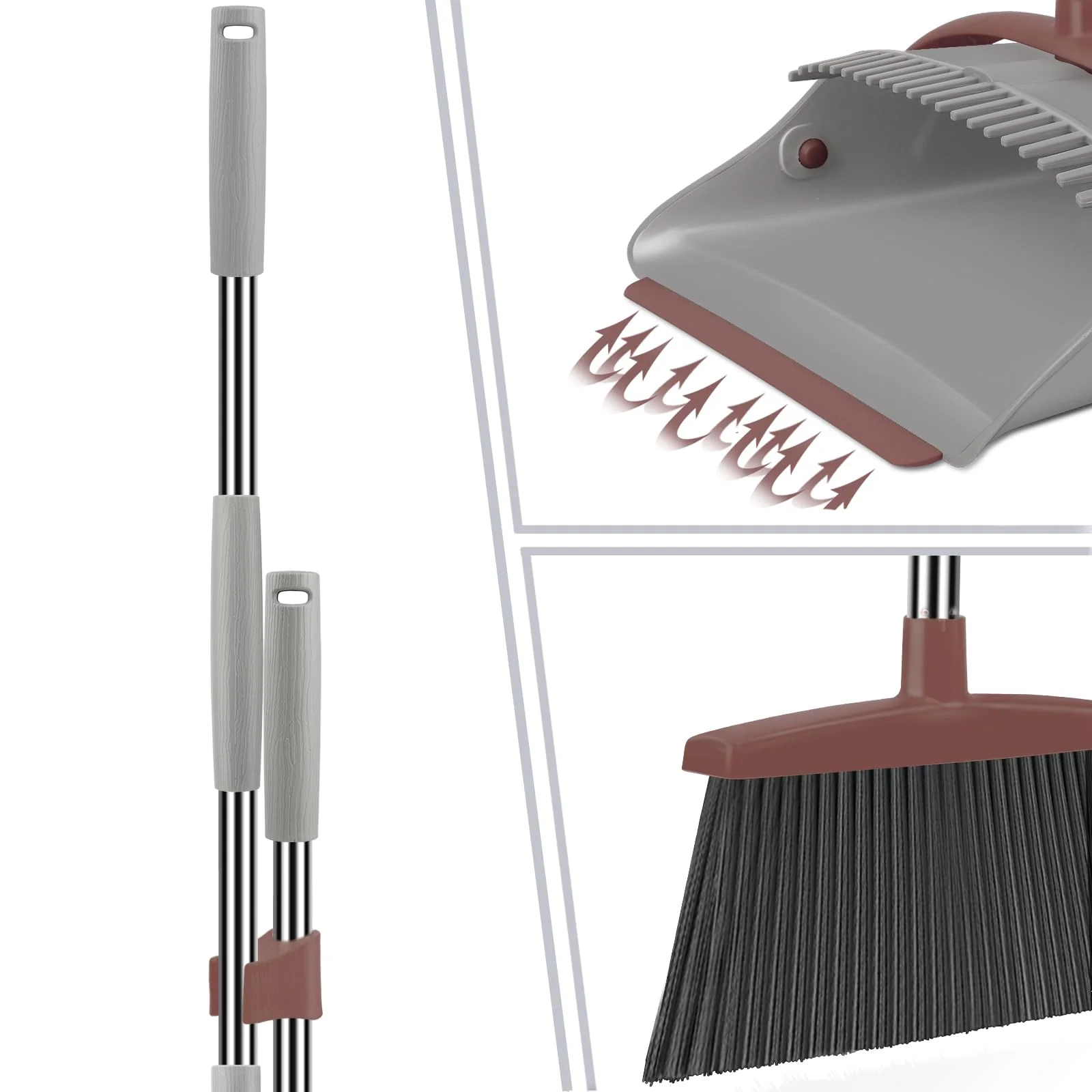 Ivandar Broom with Dustpan Combo Set, 50.6 inch Long Handle, Upright Standing Broom and Dustpan Set Quiet Cleaning Tool Sweep the Floor Dust pan Removes 4 Times More Pet Hair(Brown and Gray) - Image 3