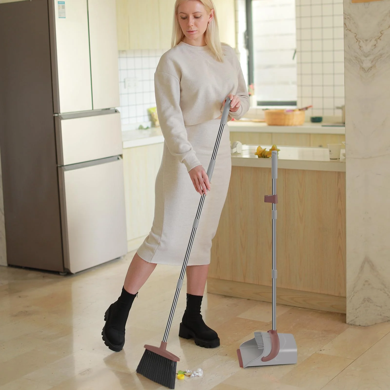 Ivandar Broom with Dustpan Combo Set, 50.6 inch Long Handle, Upright Standing Broom and Dustpan Set Quiet Cleaning Tool Sweep the Floor Dust pan Removes 4 Times More Pet Hair(Brown and Gray) - Image 6