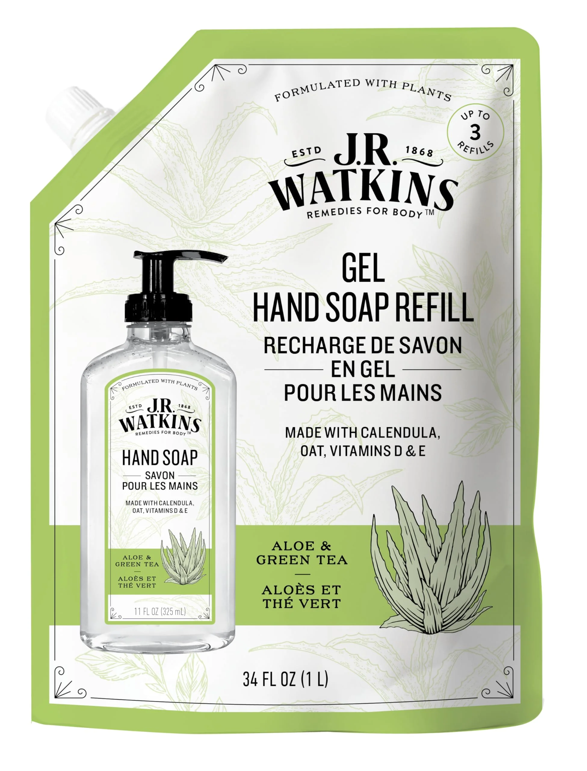 J.R. Watkins Hand Soap Refill, Aloe and Green Tea 34 fl Ounce