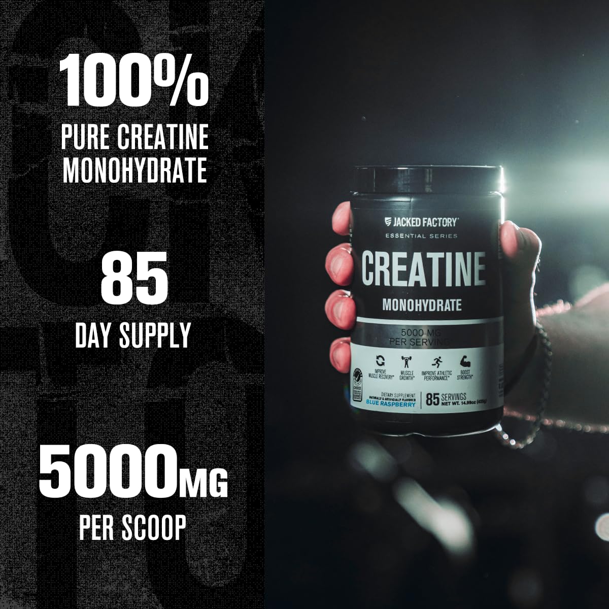 Jacked Factory Creatine Monohydrate Powder 20.4 oz (578g) - 5g Daily Creatine Supplement for Men and Women, Vegan-Friendly, Third-Party Tested - 85 Servings, Blue Raspberry - Image 3