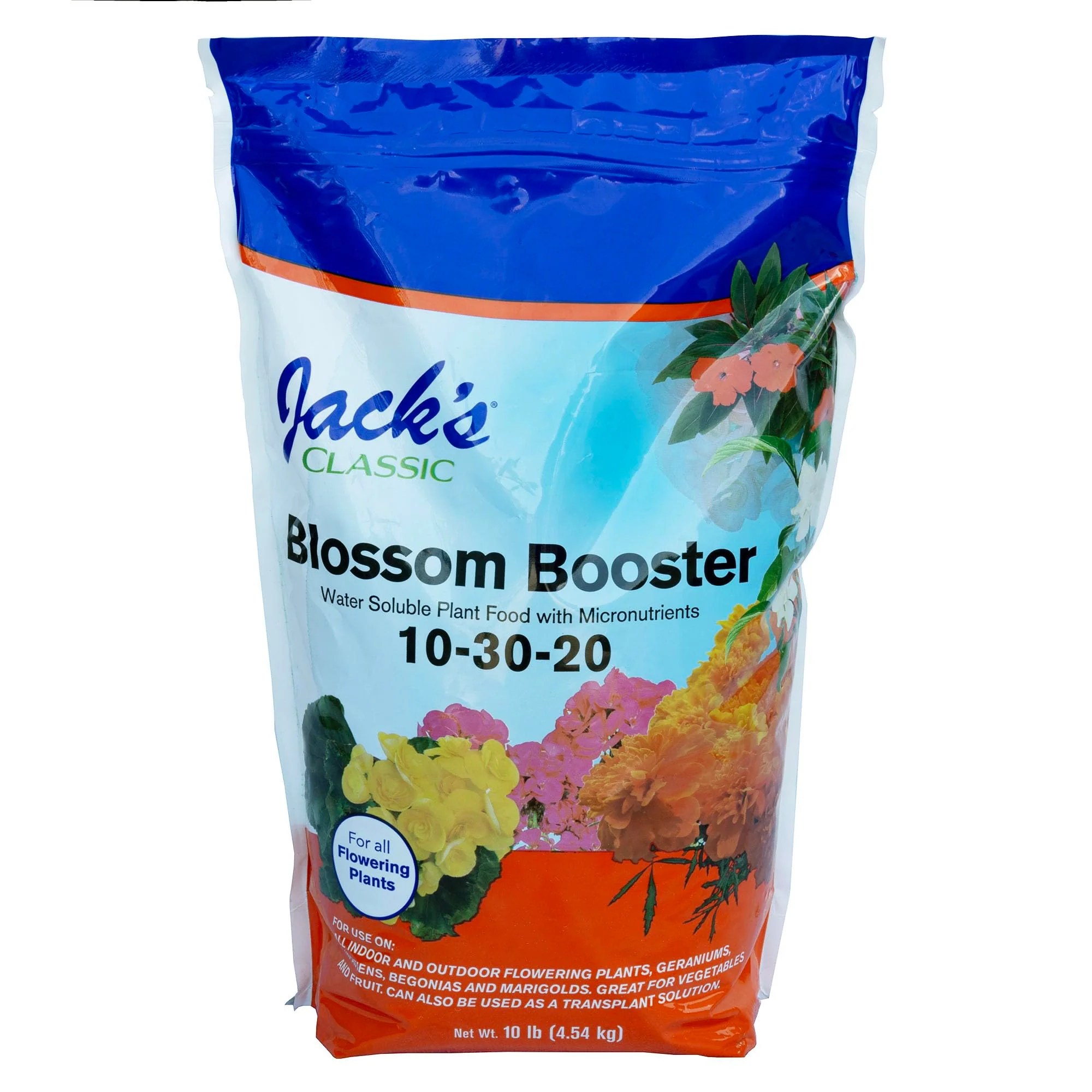 Jack's Classic 10-30-20 Blossom Booster Water-Soluble Fertilizer with Micronutrients for Increasing Color and Quantity of Blooms in Flowering Plants, 10lbs