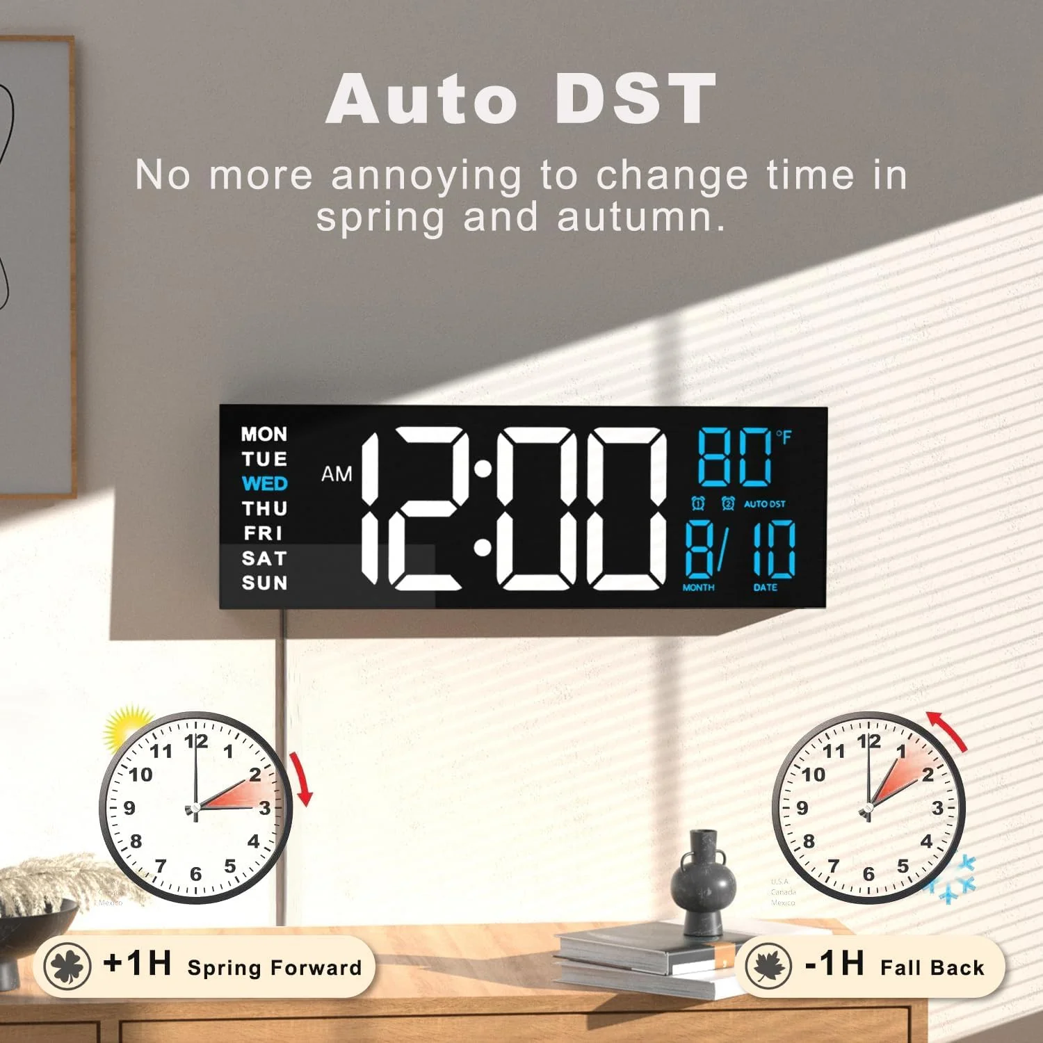 JALL 16" Large Digital Wall Mount Clock, Count Down Timer, Alarm, Big LED, RGB Color, DST, Temperature for Living Room Classroom Desk, Xmas, Birthday Gift for Senior Mom Dad (White Blue, 16 inches) - Image 6