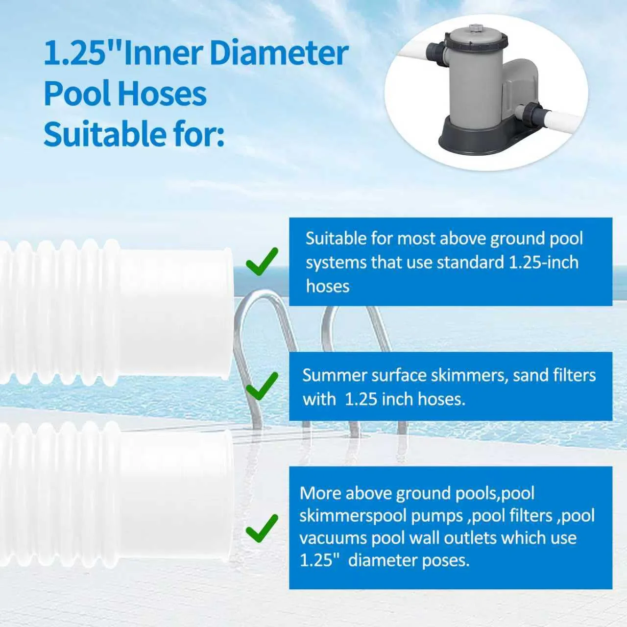 jarkamm Pool Pump Hoses 1.25 Inch X 59 Inch Filter Pump Replacement Pool Hose For Above Ground Pools Flexible PE Tube For Swimming Systems Includes Stainless Steel Clamps (3 Pack White) - Image 5