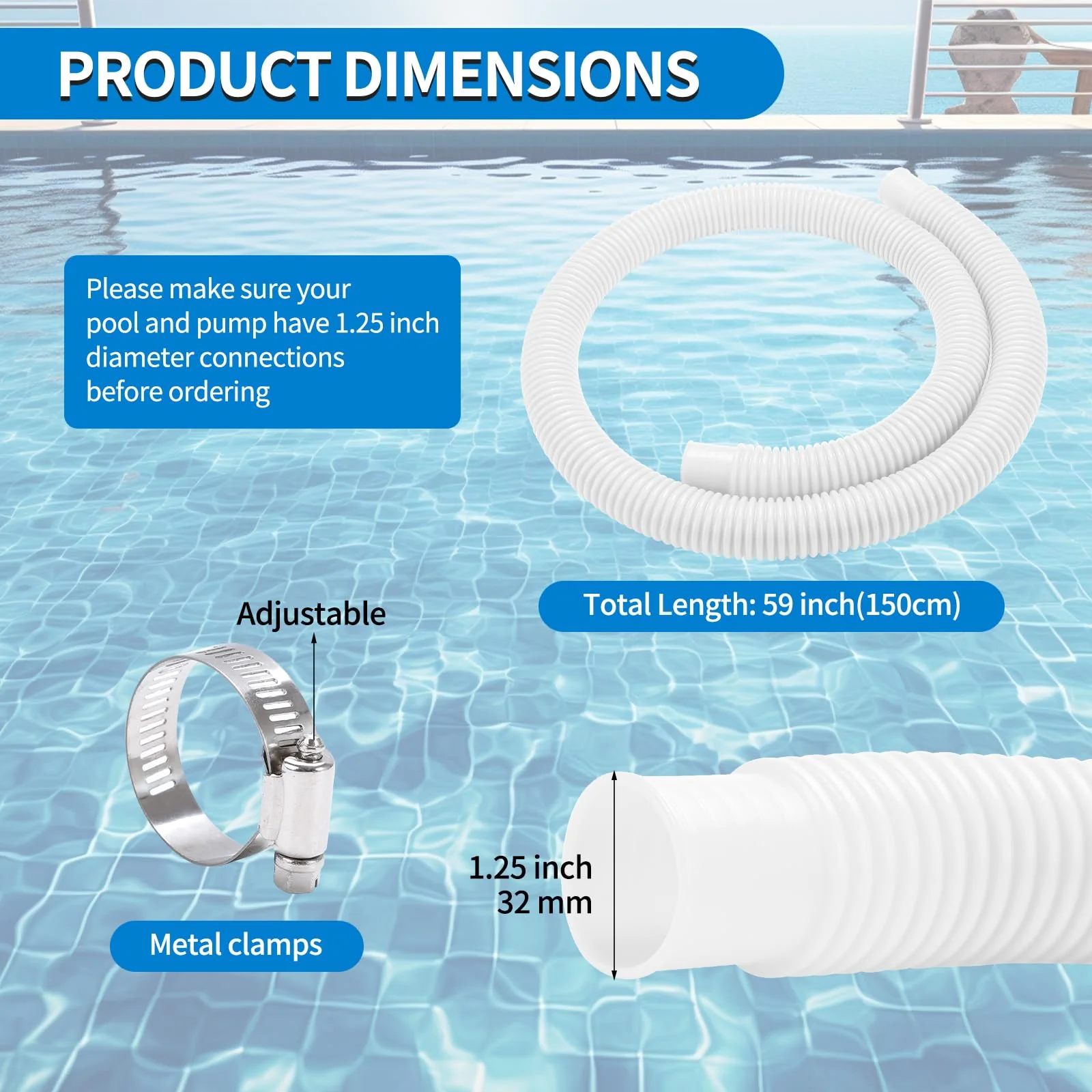 jarkamm Pool Pump Hoses 1.25 Inch X 59 Inch Filter Pump Replacement Pool Hose For Above Ground Pools Flexible PE Tube For Swimming Systems Includes Stainless Steel Clamps (3 Pack White) - Image 7