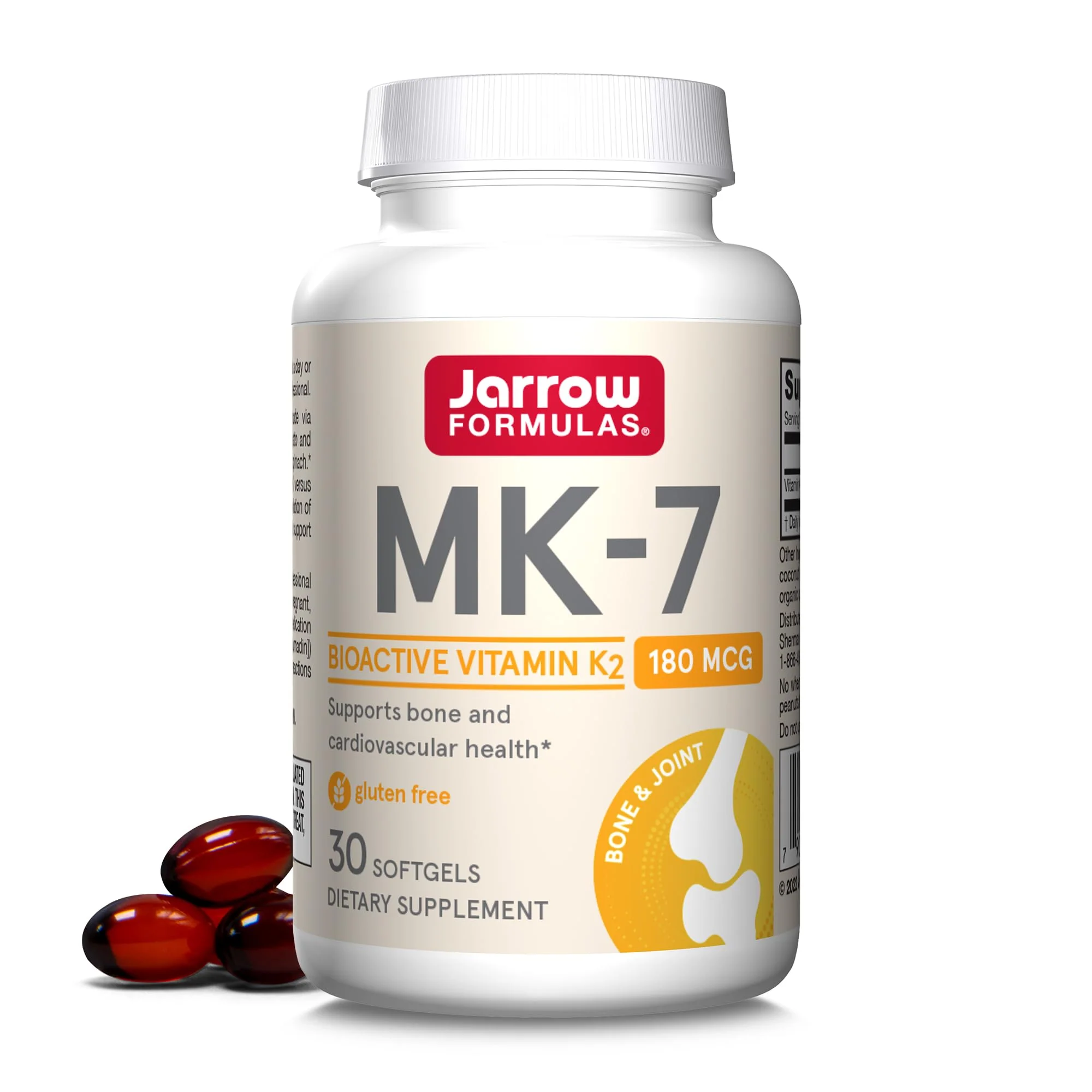 Jarrow Formulas MK-7 180 mcg - Bioactive Form of Vitamin K2-30 Servings (Softgels) - for Bone & Cardiovascular Health - Vitamin K2 MK-7 Dietary Supplement - Gluten Free