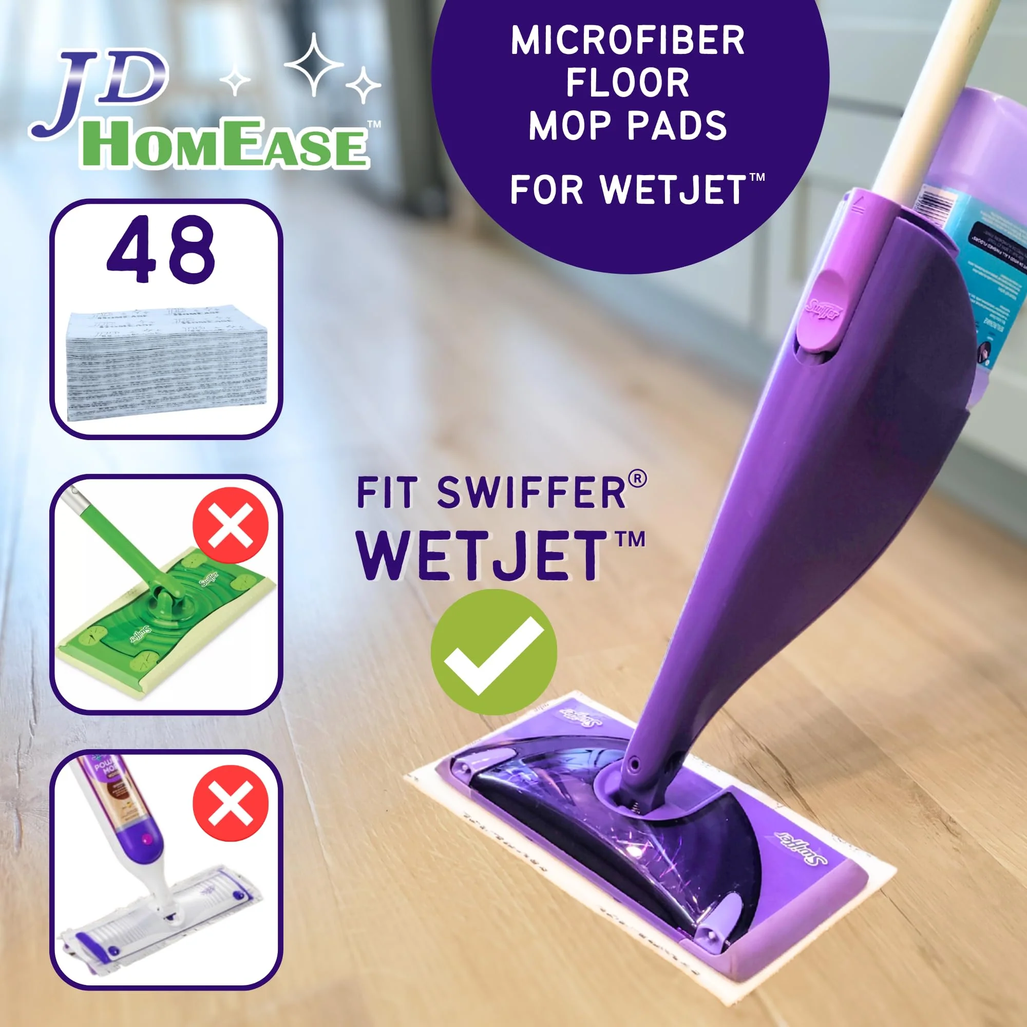 JD HOMEASE 48 Pack Premium Microfiber Replacement Pads for Swiffer WetJet - Super Absorbent, Lint-Free, Durable-11"x5.5", Perfect Fit Swiffer WetJet Mop - Safe on Hardwood, Tile, Vinyl - Image 7