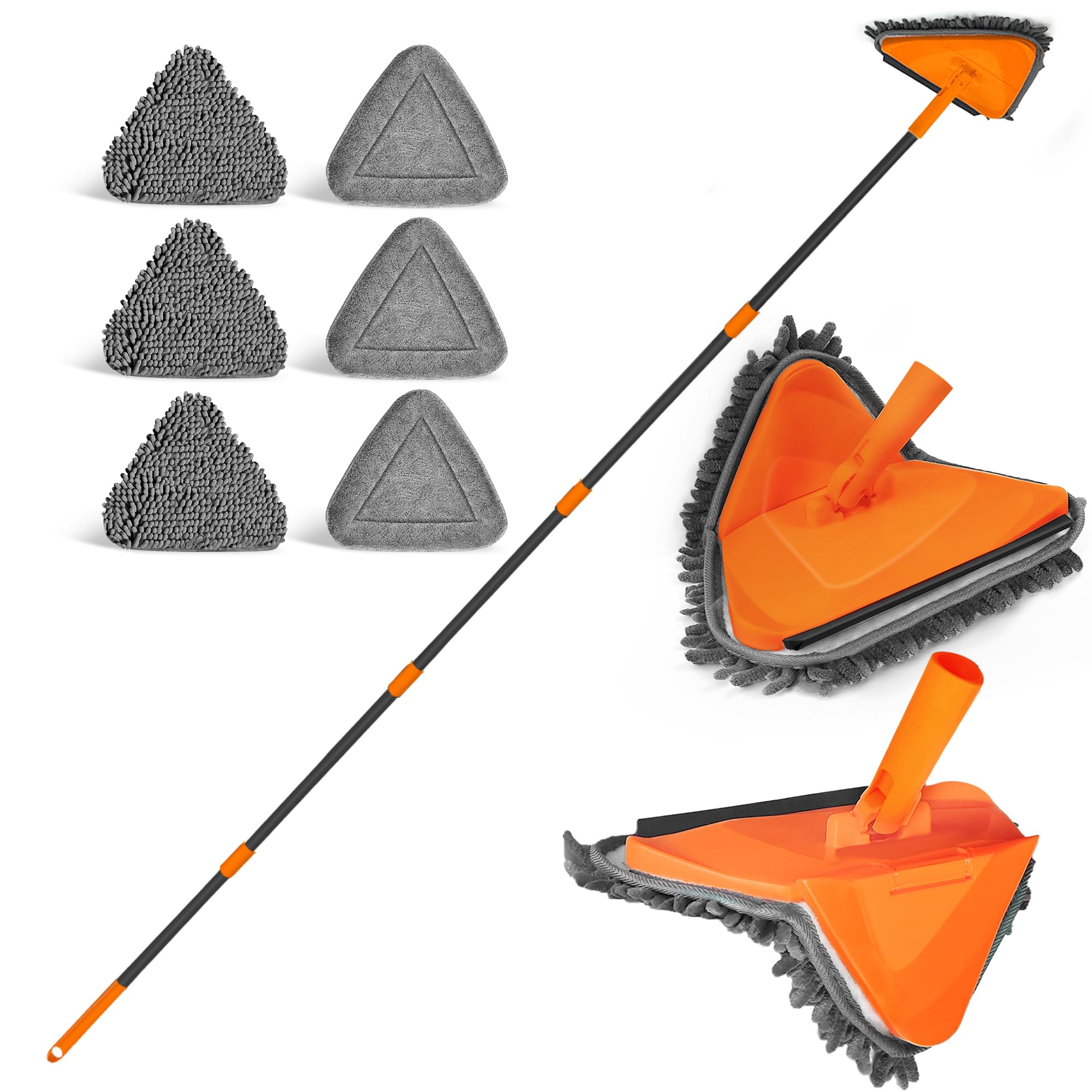 JEHONN Wall Mop with Long Handle 80 inches, Upgraded 180° Collapsible Baseboard Cleaner Tool with Squeegee, Ceiling Duster with 3 Microfiber and 3 Chenille Pads for Cleaning Window, Cabinet (Orange)