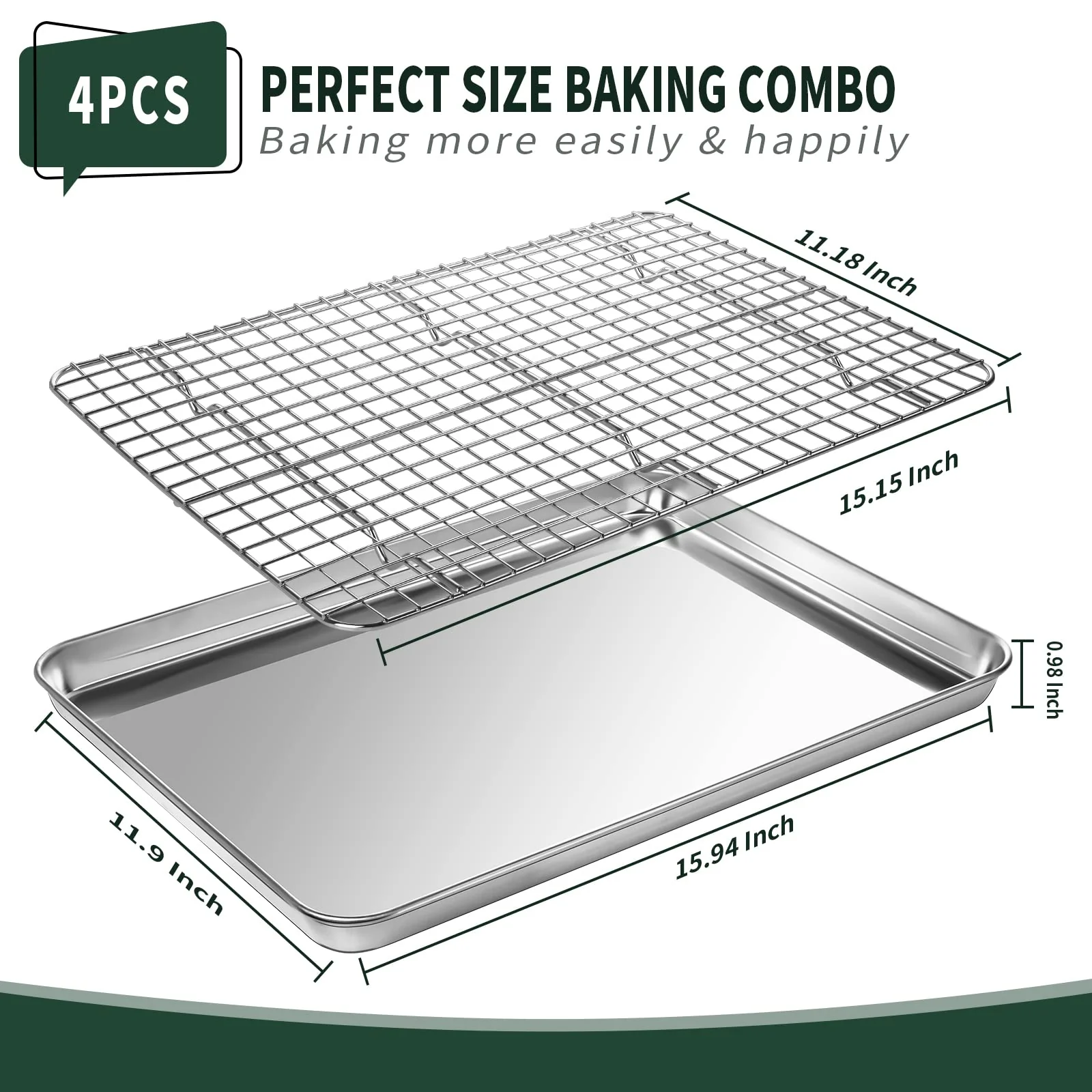 Jelly Roll Pan with Cooling Rack Set [2 Baking Pans + 2 Baking Racks], CEKEE Stainless Steel Baking Sheet Tray with Wire Rack Set, Commercial Quality, Rust Proof & Nonstick, Size 15.94 x 12 x 1 Inch - Image 7