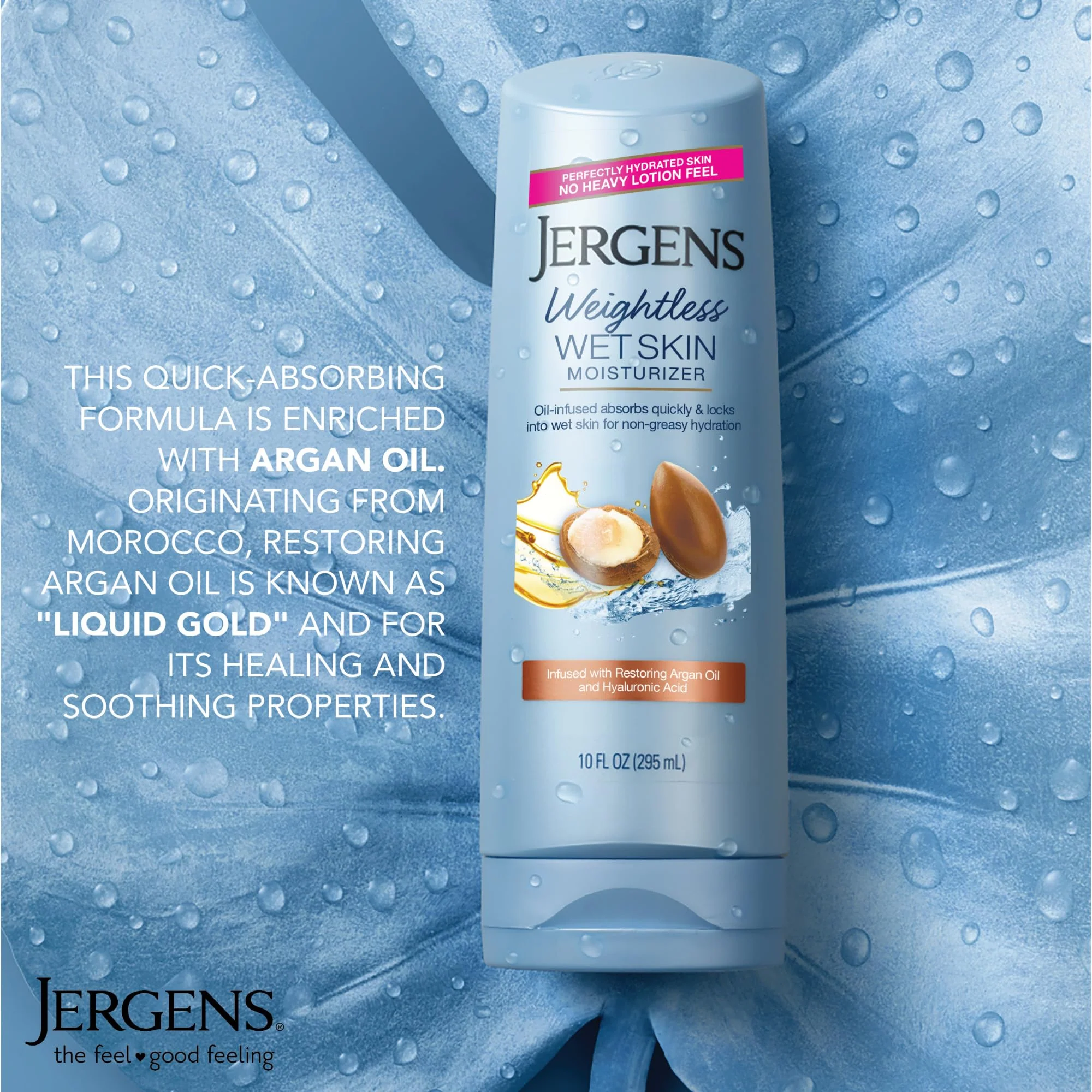 Jergens Wet Skin Body Moisturizer with Restoring Argan Oil, 4X Healthier Looking Skin, Fast-Absorbing, Non-Greasy, Dermatologist Tested, 10 Oz, Pack of 4 - Image 7