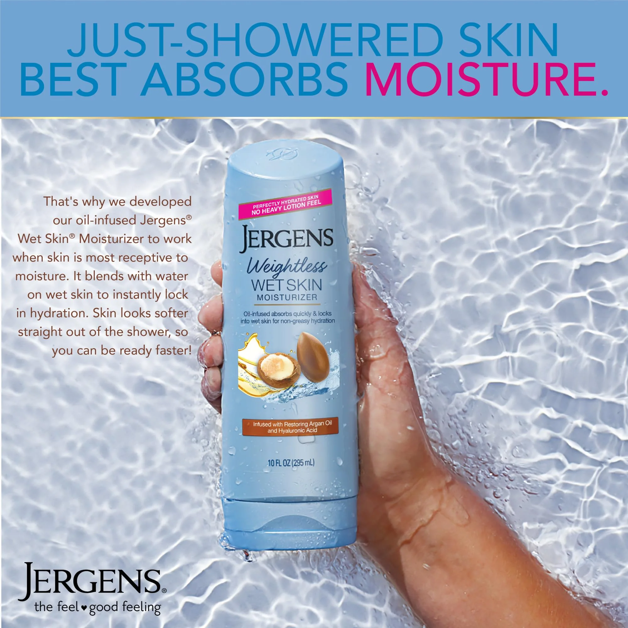 Jergens Wet Skin Body Moisturizer with Restoring Argan Oil, 4X Healthier Looking Skin, Fast-Absorbing, Non-Greasy, Dermatologist Tested, 10 Oz, Pack of 4 - Image 8