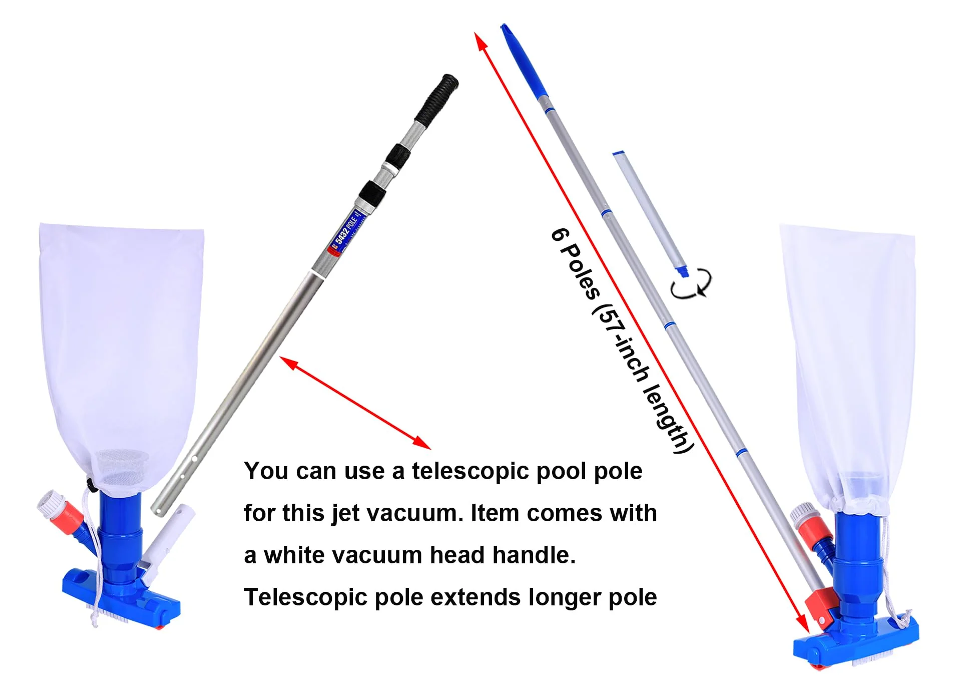 Jet Vacuum W/ 6 Section Poles of 57" for Frame Aboveground/Inflatable Pool Spa, No Electric Power Needed, Use Garden Hose Water Pressure to Vacuum (A Telescopic Pole Can Be Used with This Vacuum) - Image 4
