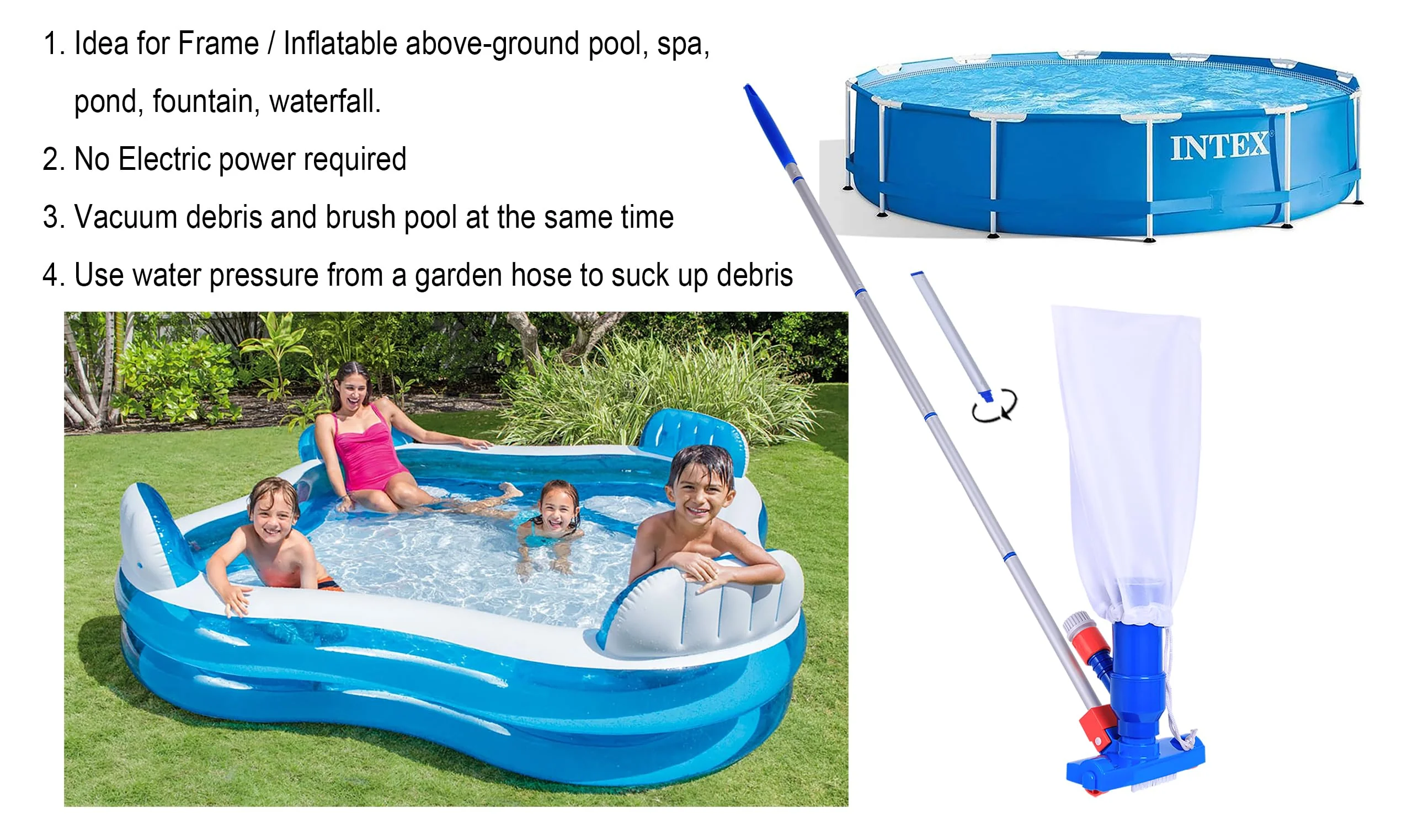 Jet Vacuum W/ 6 Section Poles of 57" for Frame Aboveground/Inflatable Pool Spa, No Electric Power Needed, Use Garden Hose Water Pressure to Vacuum (A Telescopic Pole Can Be Used with This Vacuum) - Image 7